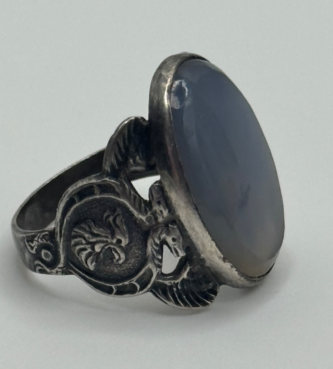 Vintage Art Deco Egyptian Revival Sterling Silver Chalcedony Ring Size 5.5