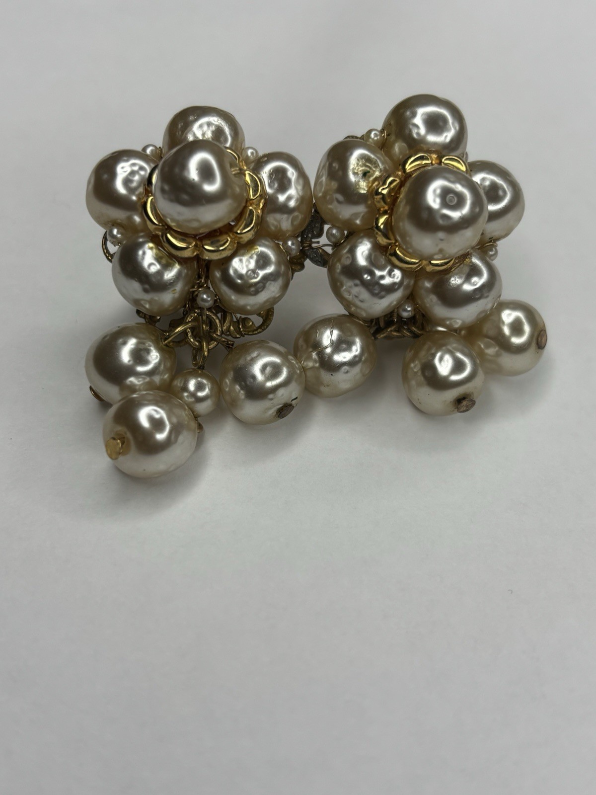 Miriam Haskell Faux Pearl Baroque Dangle Screw Back Clip Gold Tone Earrings