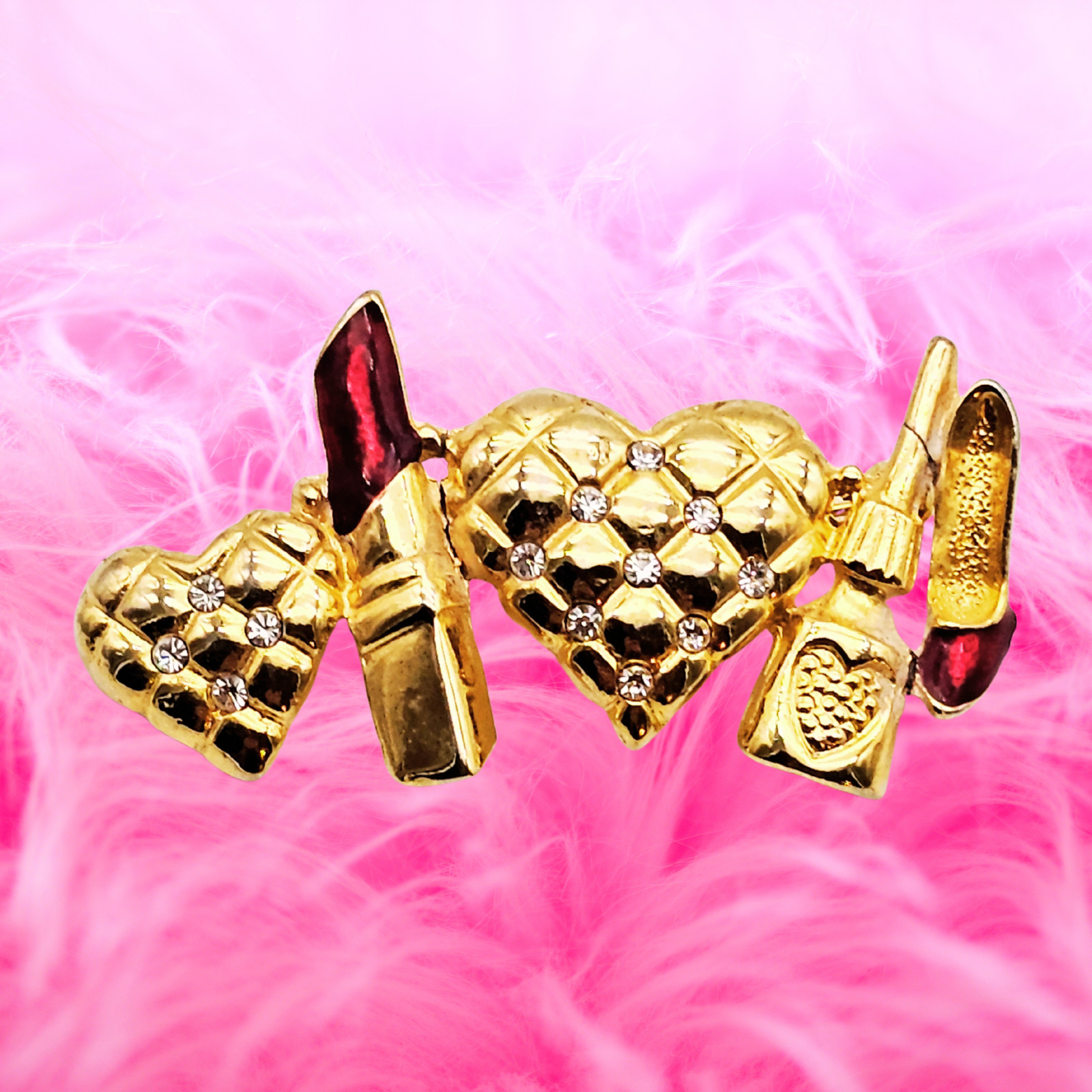 ✨ VTG Gold-Tone Hearts & Lipstick Brooch w/ Rhinestones Glam Beauty Retro Pin ✨