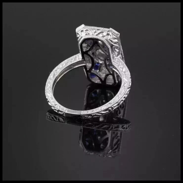 Art Deco Vintage Lab Created Diamond & Sapphire 14K White Gold FN Wedding Ring