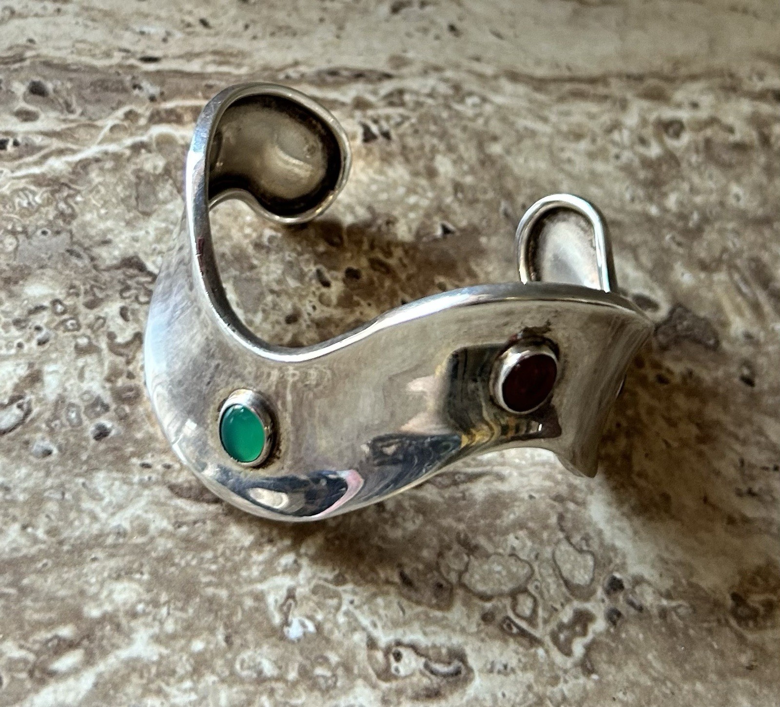 925 Sterling Silver Vintage Mexico Multi-Gem High Polish Wave Bracelet 25 Grams