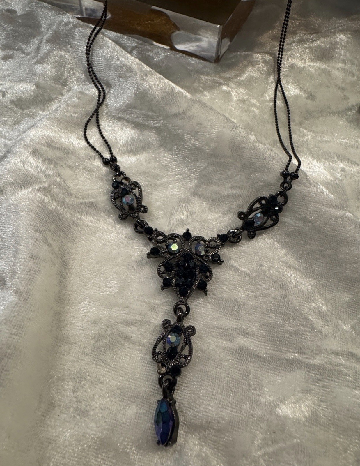 Vtg 1928 Co Victorian Revival Y Drop Black Crystal Necklace