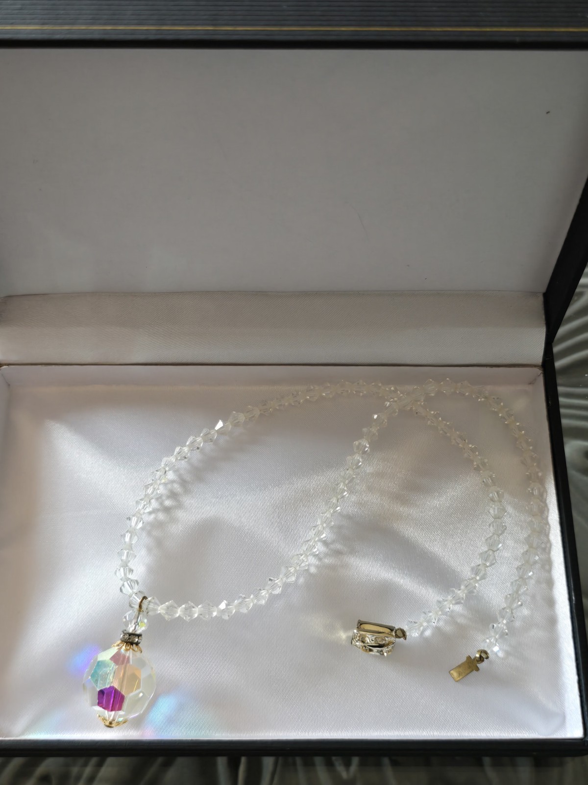 CZECH AURORA BOREALIS CRYSTAL BALL w CRYSTAL CHAIN PENDANT NECKLACE☆FILIGREE CAP