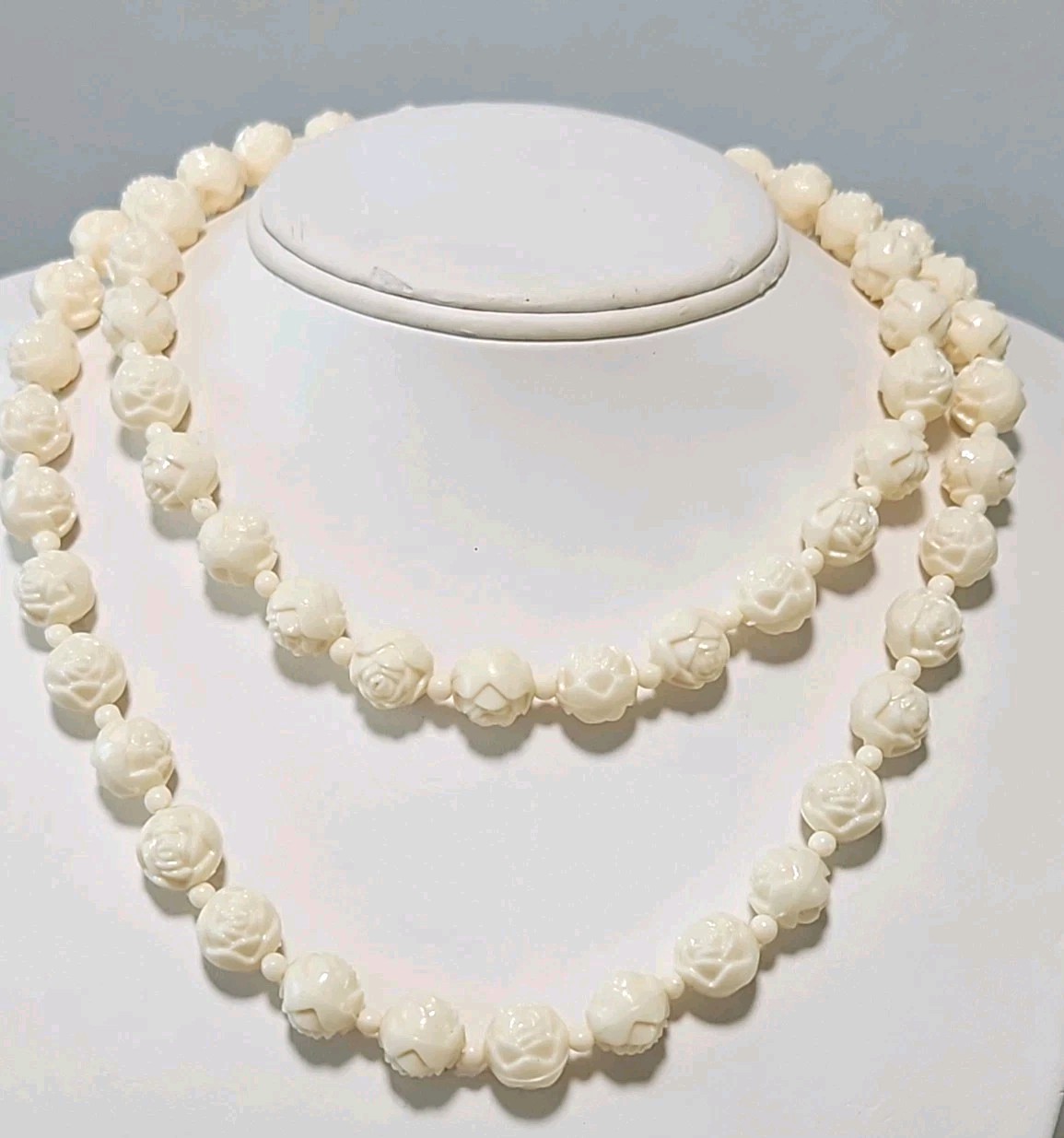 Vtg LOT Graduated Carved Rose Bead Elephant Necklaces Krememtz Rose Brooch ERs +