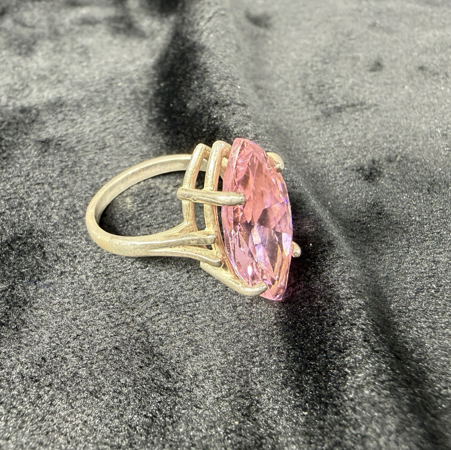 Vtg Sterling Silver Ring .925 Sz 7 Large Marquis Pink Stone Cocktail Statement