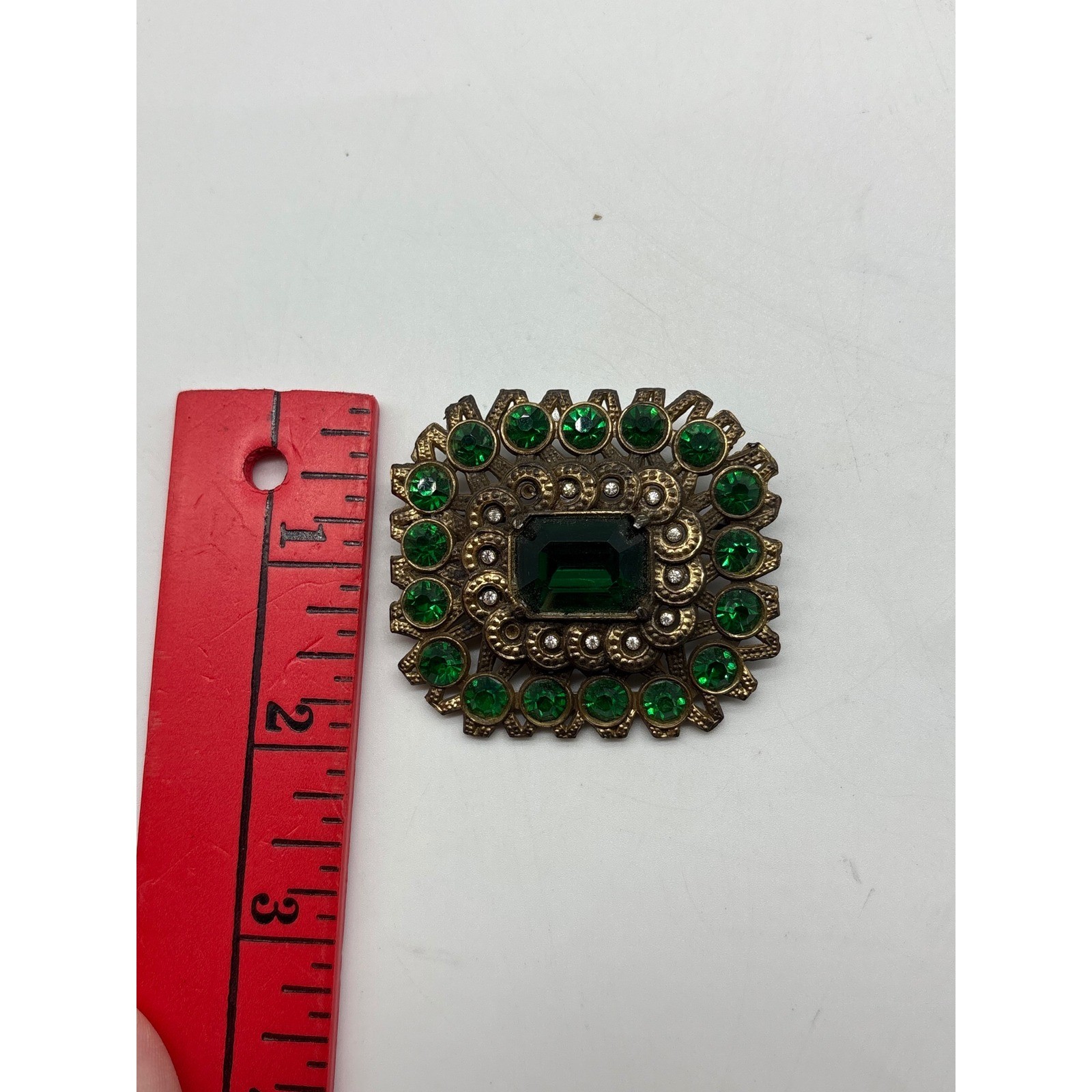 Vintage Gold Tone Large Green Rhinestone Brooch Rectangle Ornate Horseshoe Mark