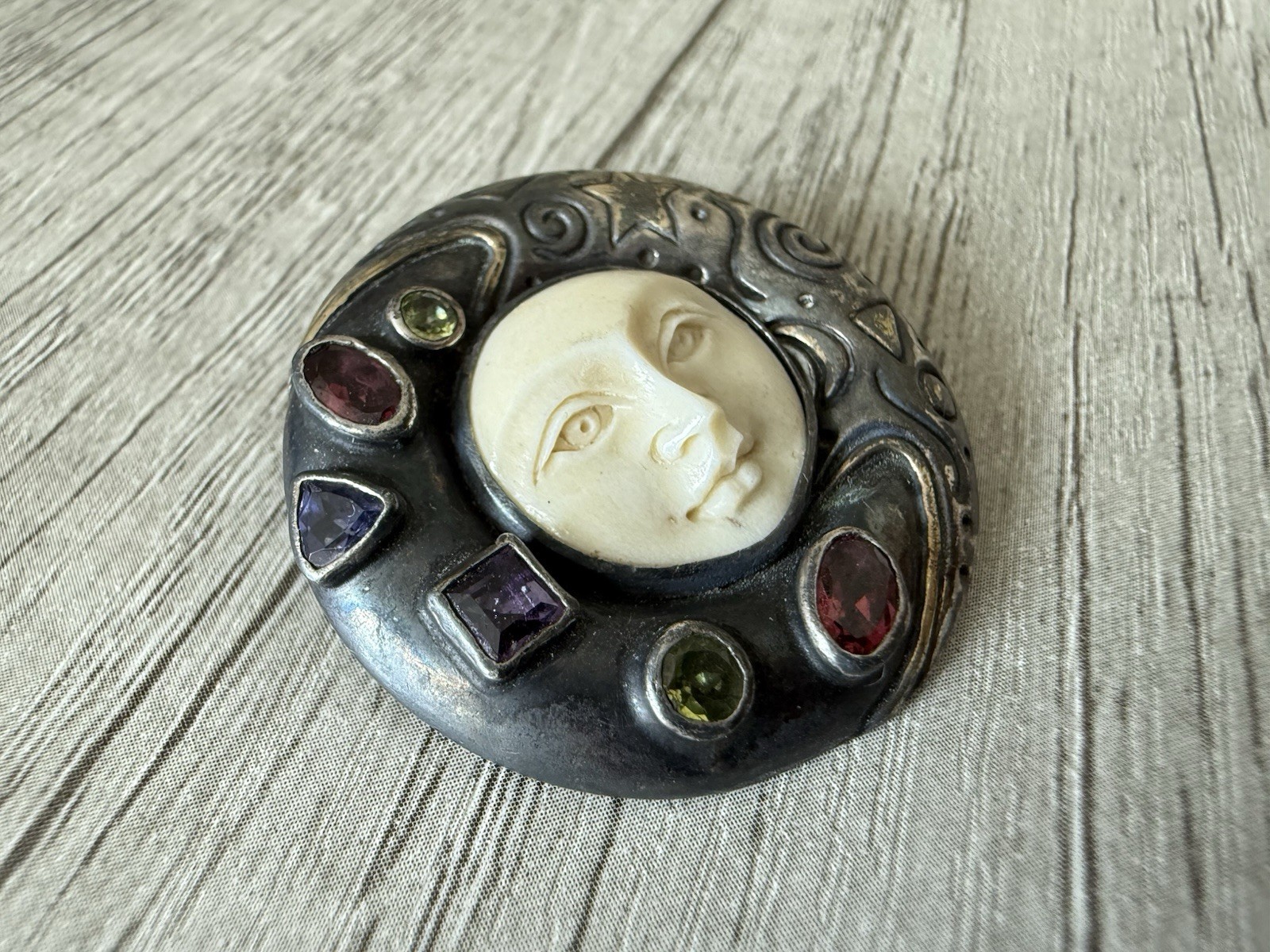 MYSTIC MOON FACE Sterling Silver Amethyst Topaz Carved Goddess Pendant Brooch