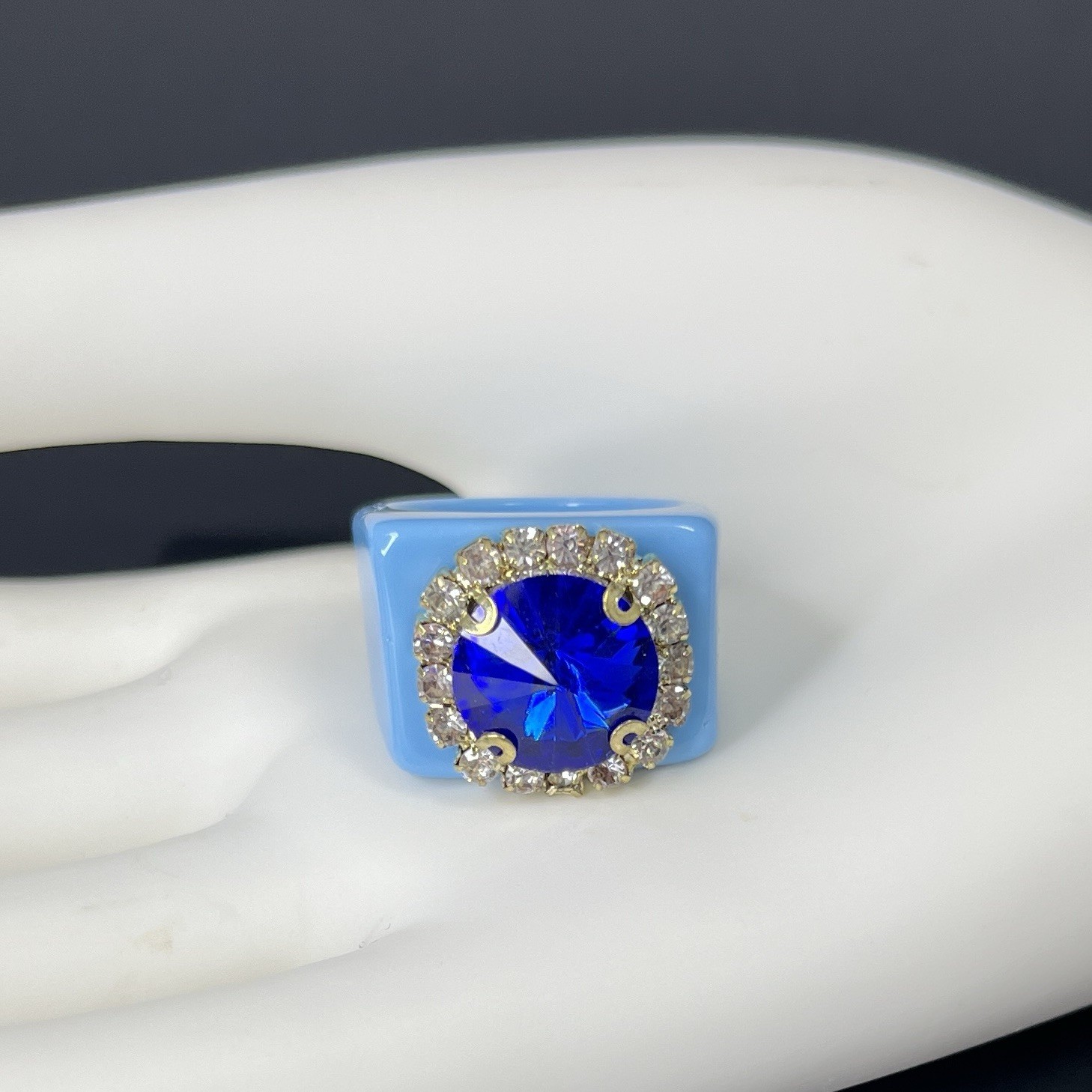 Chunky Lucite Ring Blue Rhinestone Size 7.5 Statement Retro