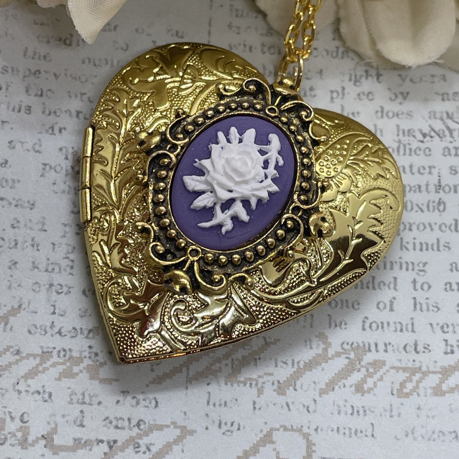 Gold Heart Locket Photo Birthday Anniversary Wedding Purple Rose Cameo Necklace