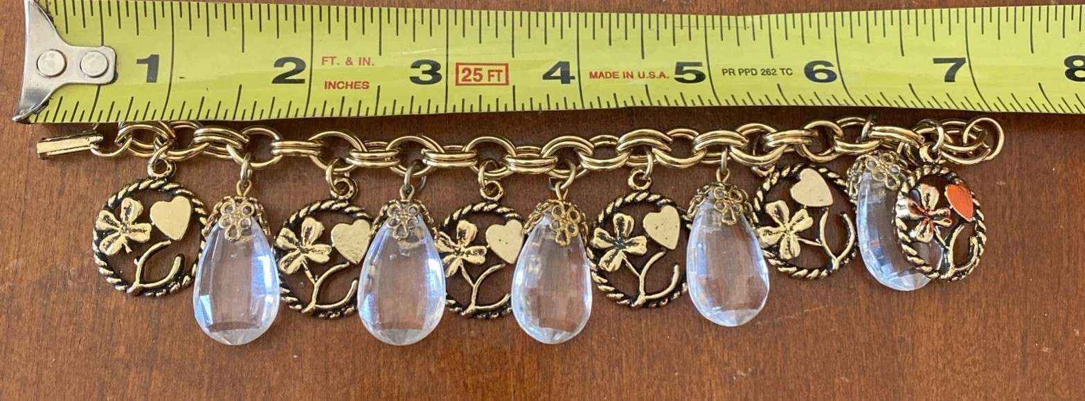 Vintage Gold Tone Good Luck Charm Bracelet Heart Four Leaf Clover Wishbone