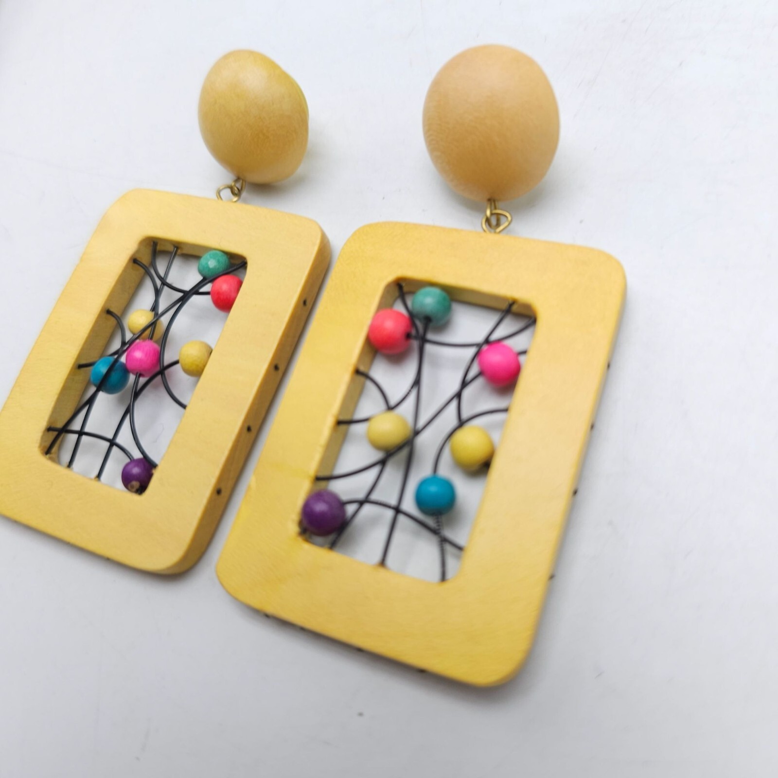 Vintage 1980s Yellow Wooden Rectangle Earrings With Colorful Bead Accents