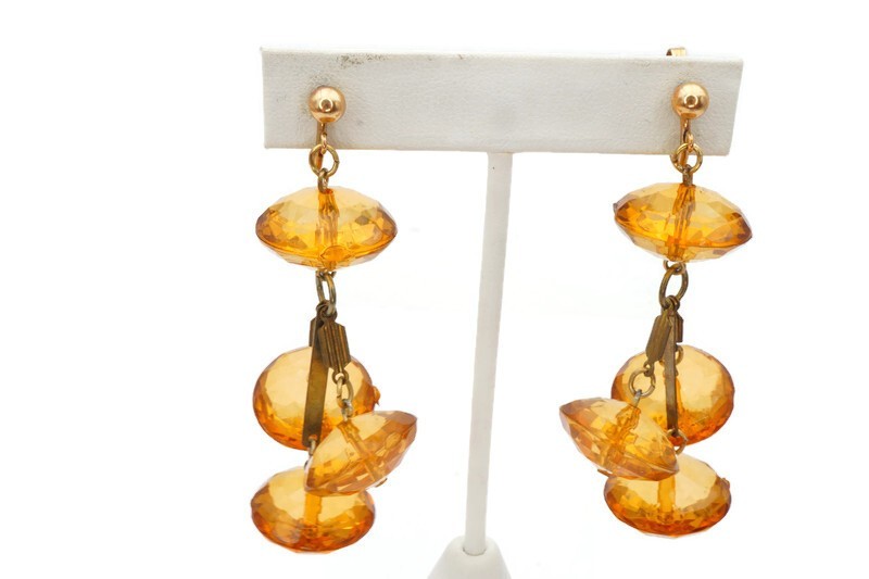 Vintage Clip On Earrings Gold Tone Orange Lucite