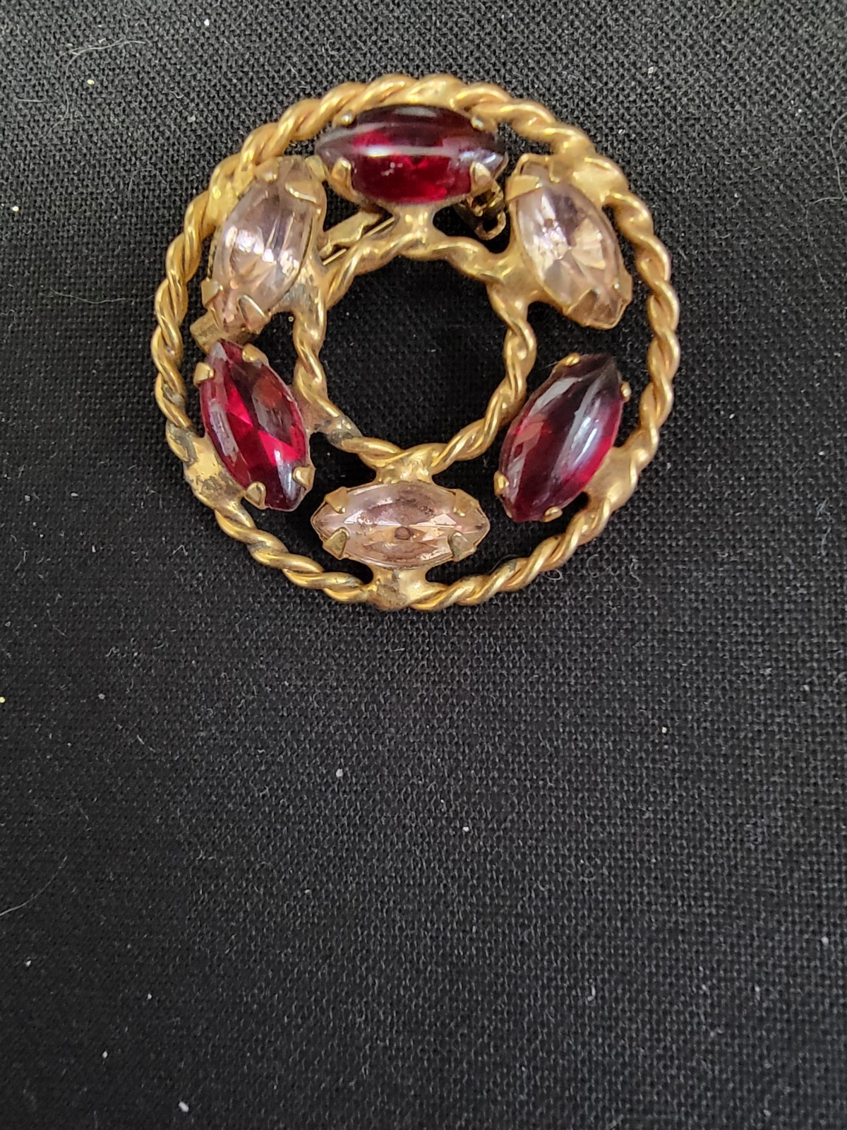 Vintage Gold Colored Pin With Red And White Crystals
