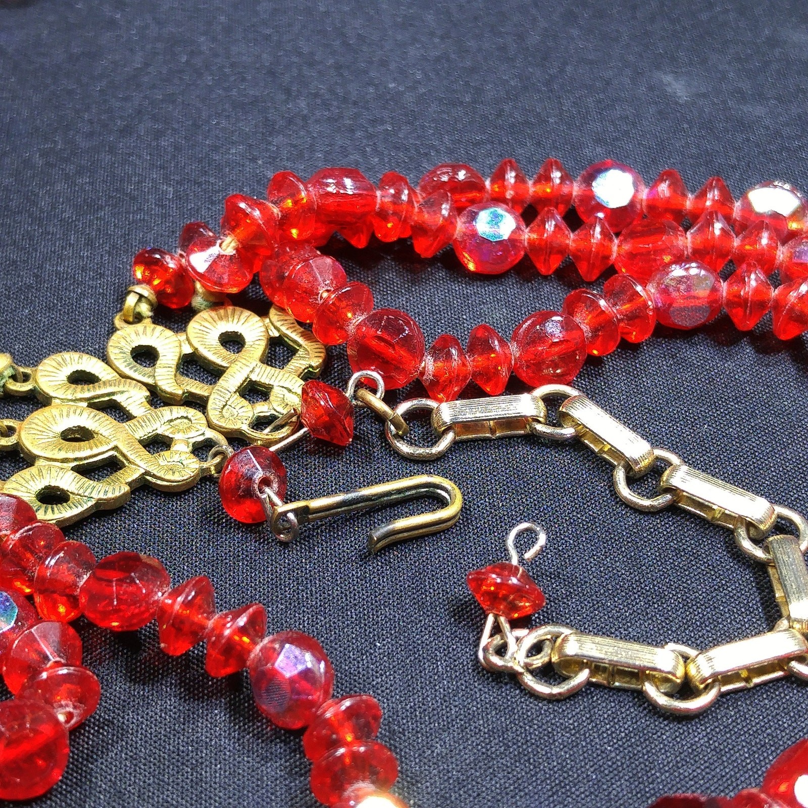 Vintage Czech Red Glass AB 3 Strand Necklace Earrings Set 1950s