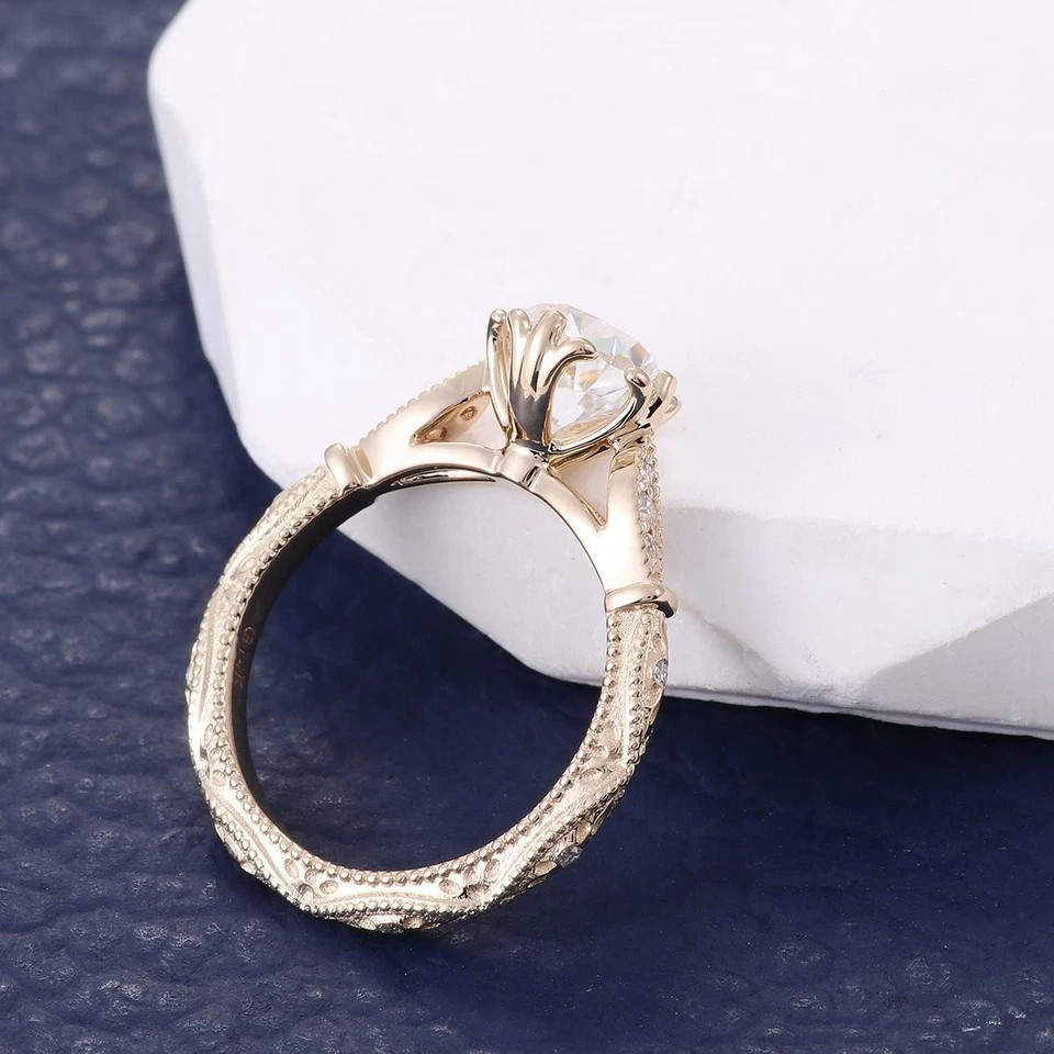 Filigree Style 1.15CT Round Cut White Moissanite & 10K Yellow Gold FN Women Ring