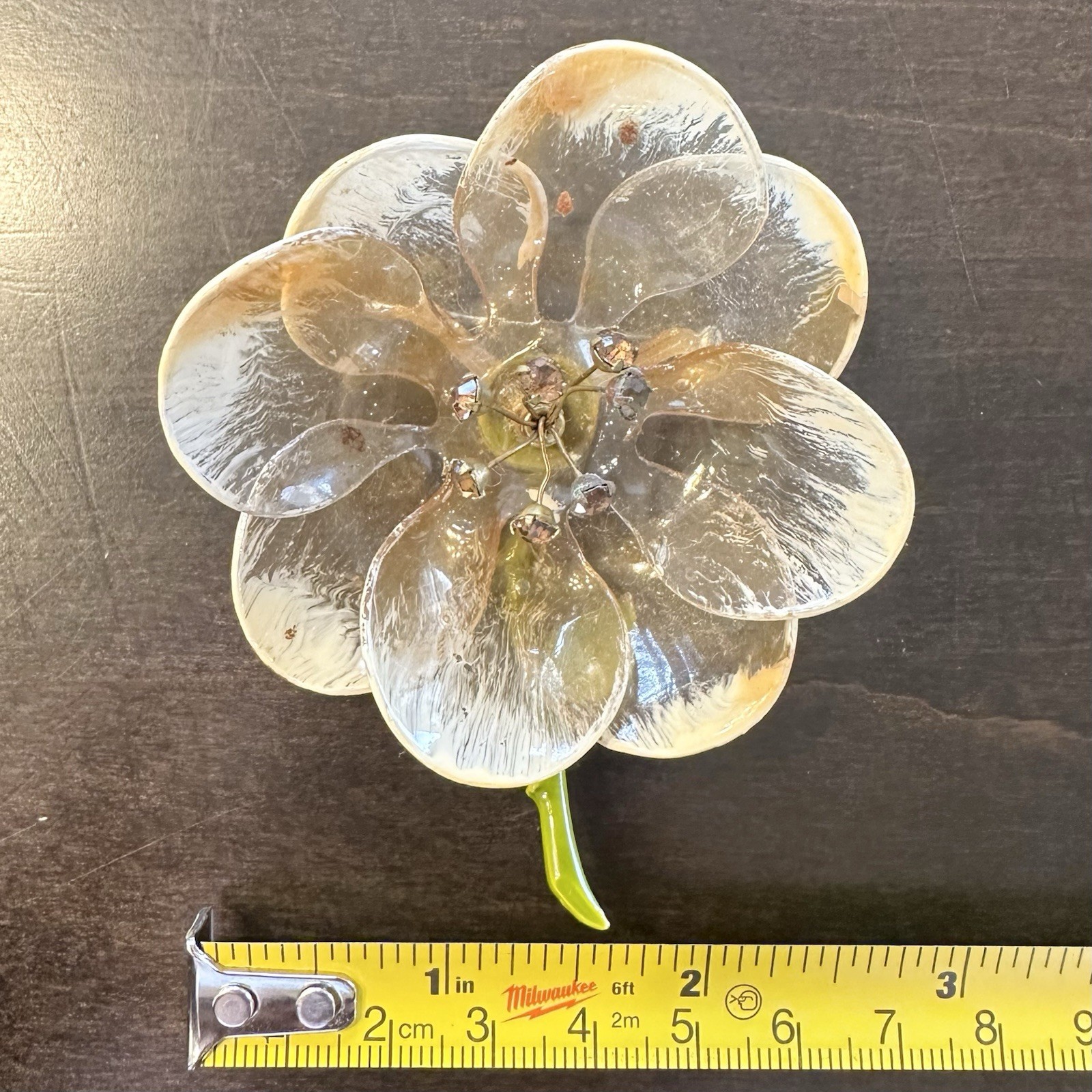 Vintage Delicate Cellulose Acetate Rhinestone Flower Brooch