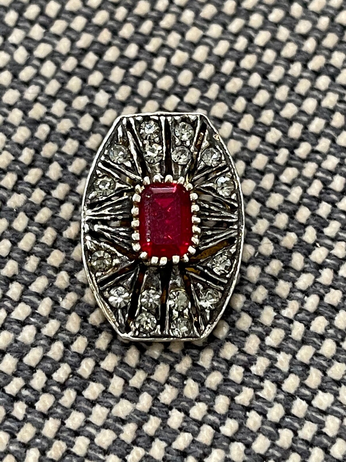 Vtg European 835 Silver Pair of Clip on Earrings w/ Red & Clear Stones Crystals