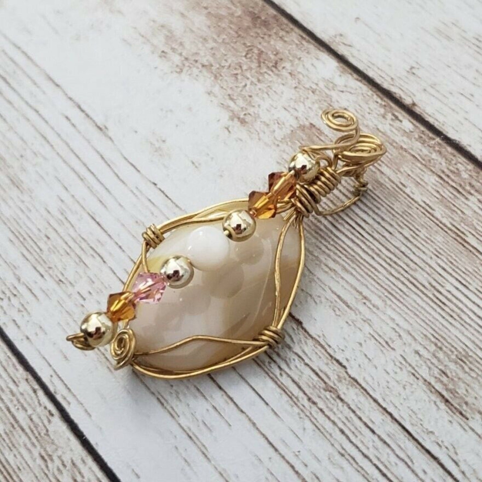 Vintage Pendant Unusual Gold Tone & Stone Twisted Design – No Chain Included