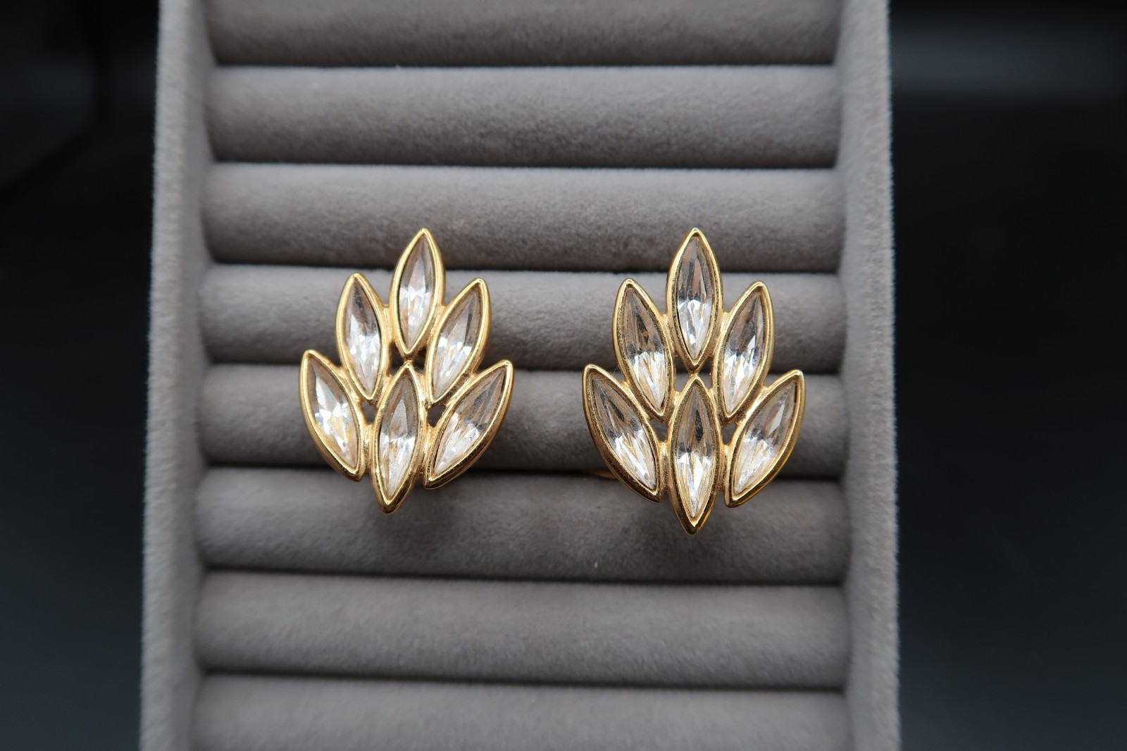 Vtg Yves Saint Laurent Spiked Leaf Design Crystal Earrings Signed Beautiful