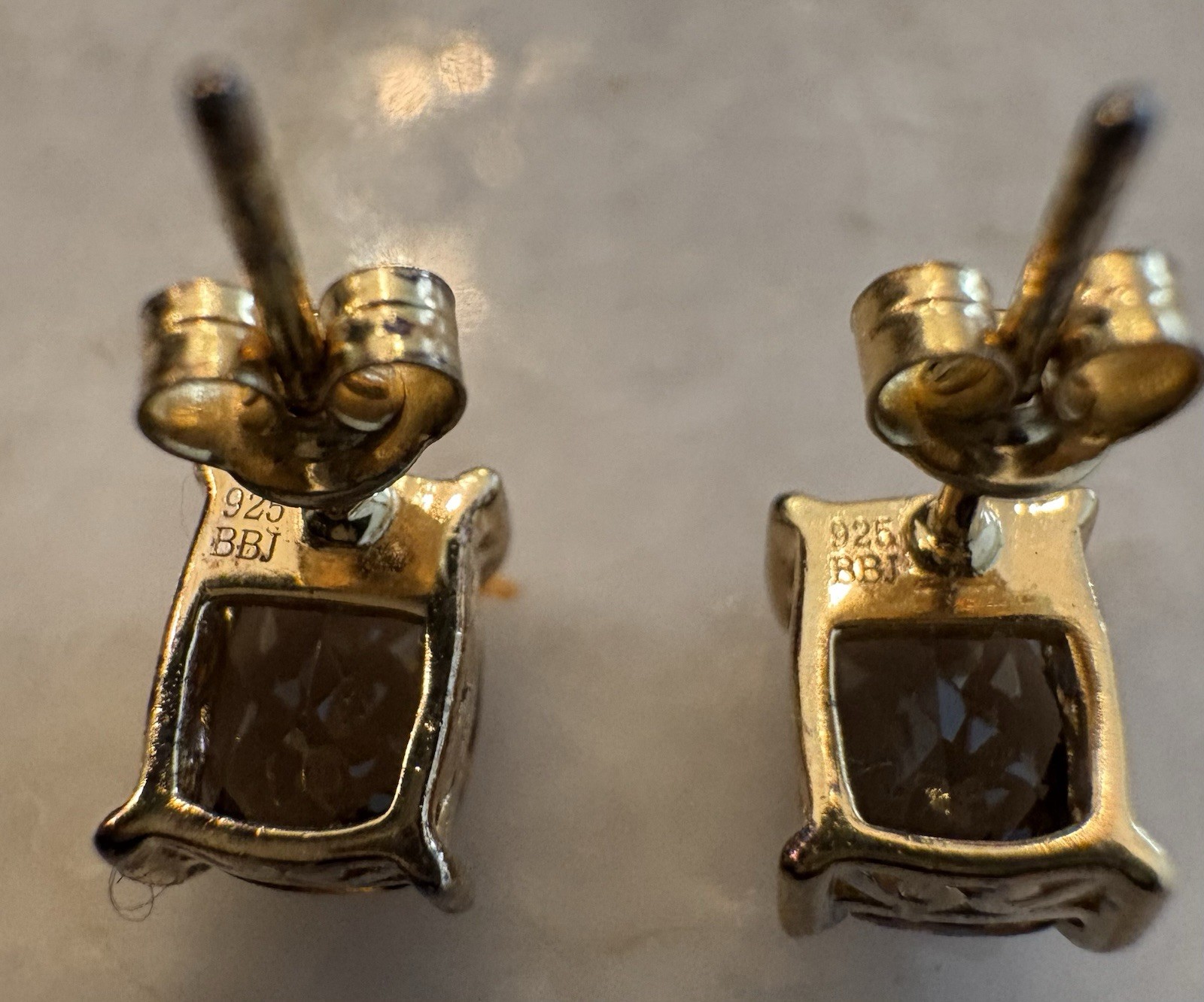 Signed BBJ 925 Vintage Rectangle Stud Earrings Sterling Silver Gold Tone