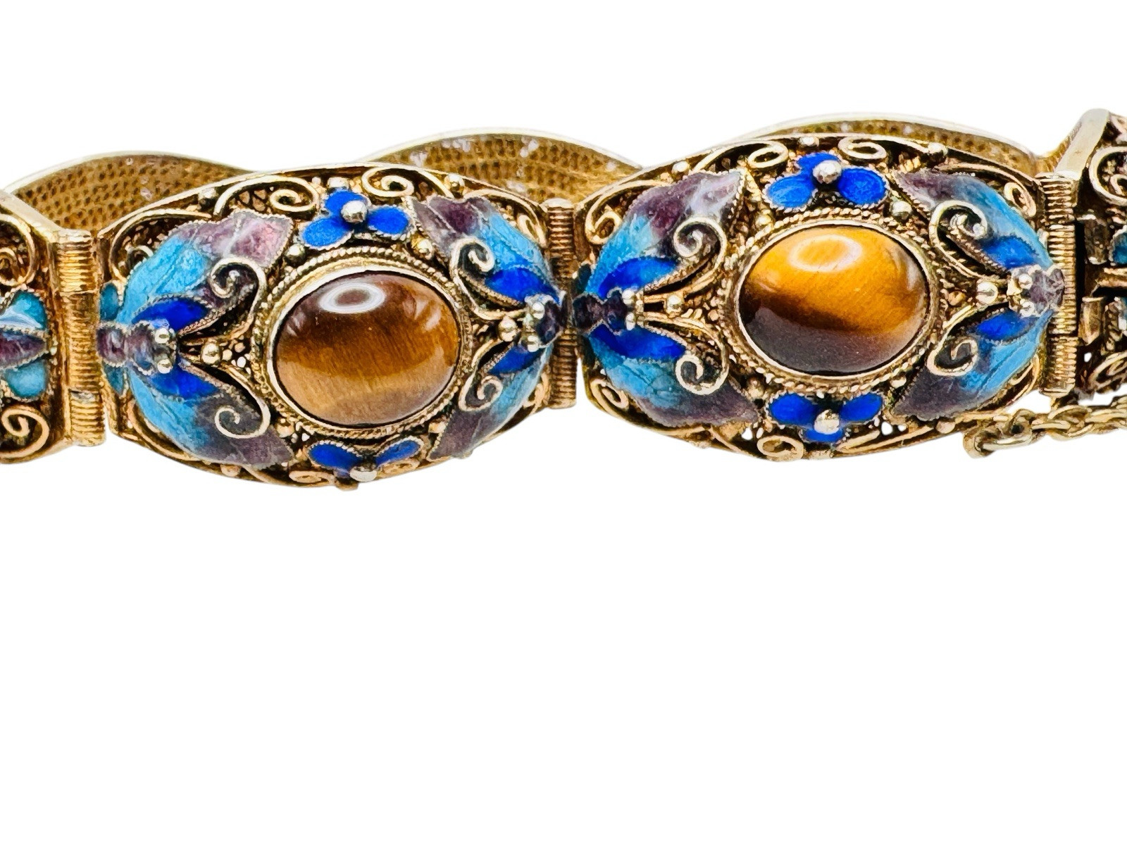 Vintage Chinese Export Gilt Silver Enamel Mesh Filigree Bracelet Tigers Eye Nice
