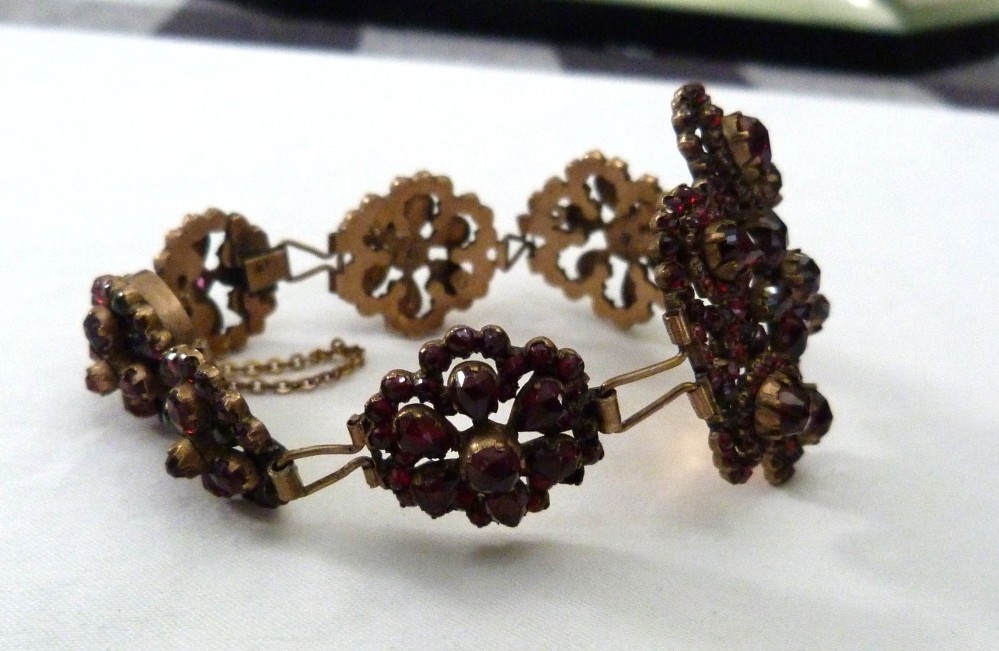 1 5/8″ WIDE ANTIQUE VINTAGE BOHEMIAN GARNET GOLD GILT STERLING SILVER BRACELET