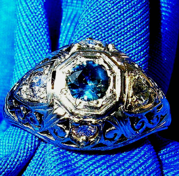 Original EARTH MINED SAPPHIRE DIAMOND Deco Engagement Ring Vintage Solitaire 14K