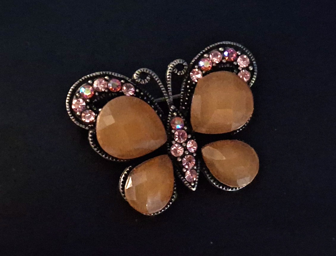 Vintage Beautiful Butterfly Brooch Pink Rhinestone Butterscotch Wings Pin Rare