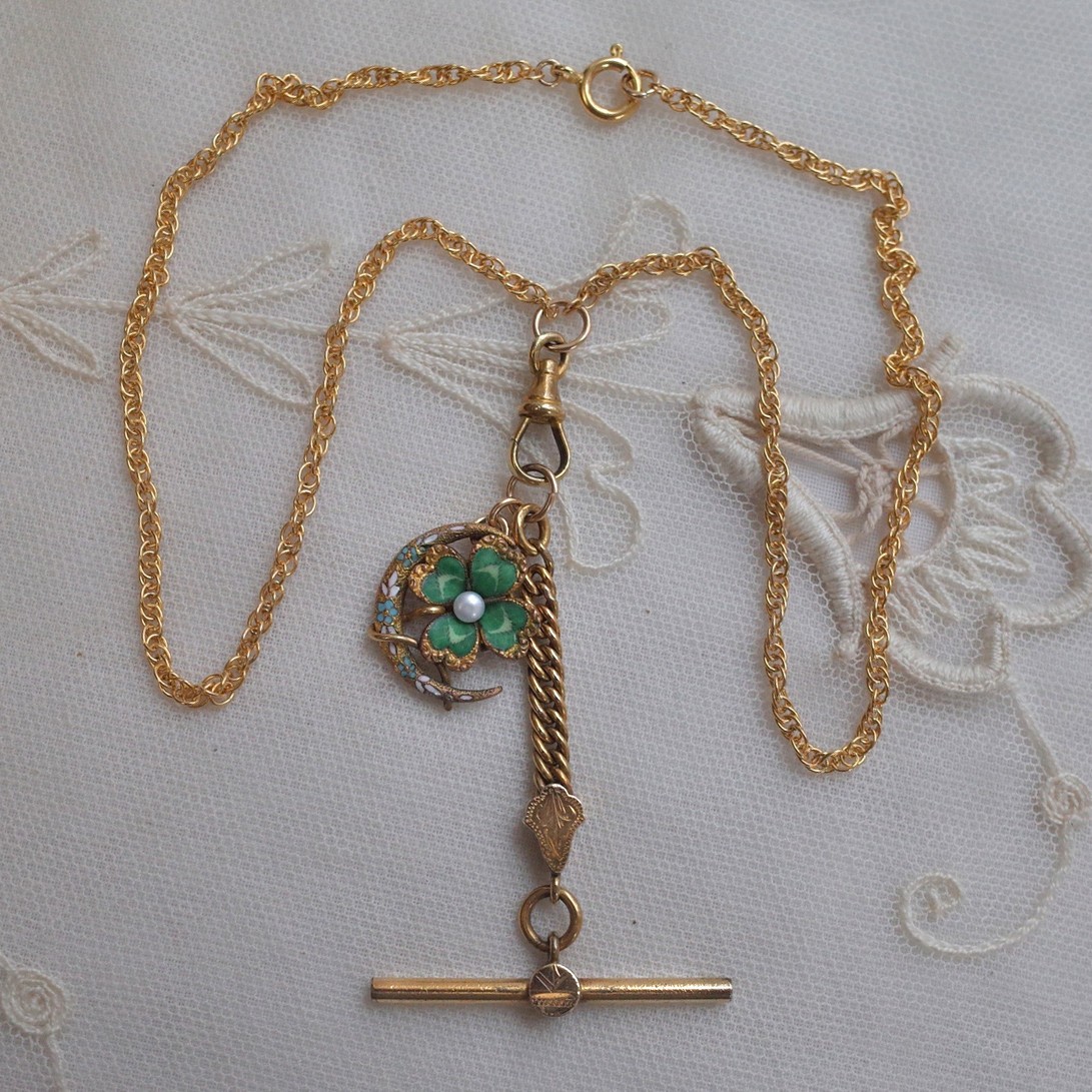 Antique Rolled Gold Enamel Four Leaf Clover & Crescent Pendant Necklace Pearl