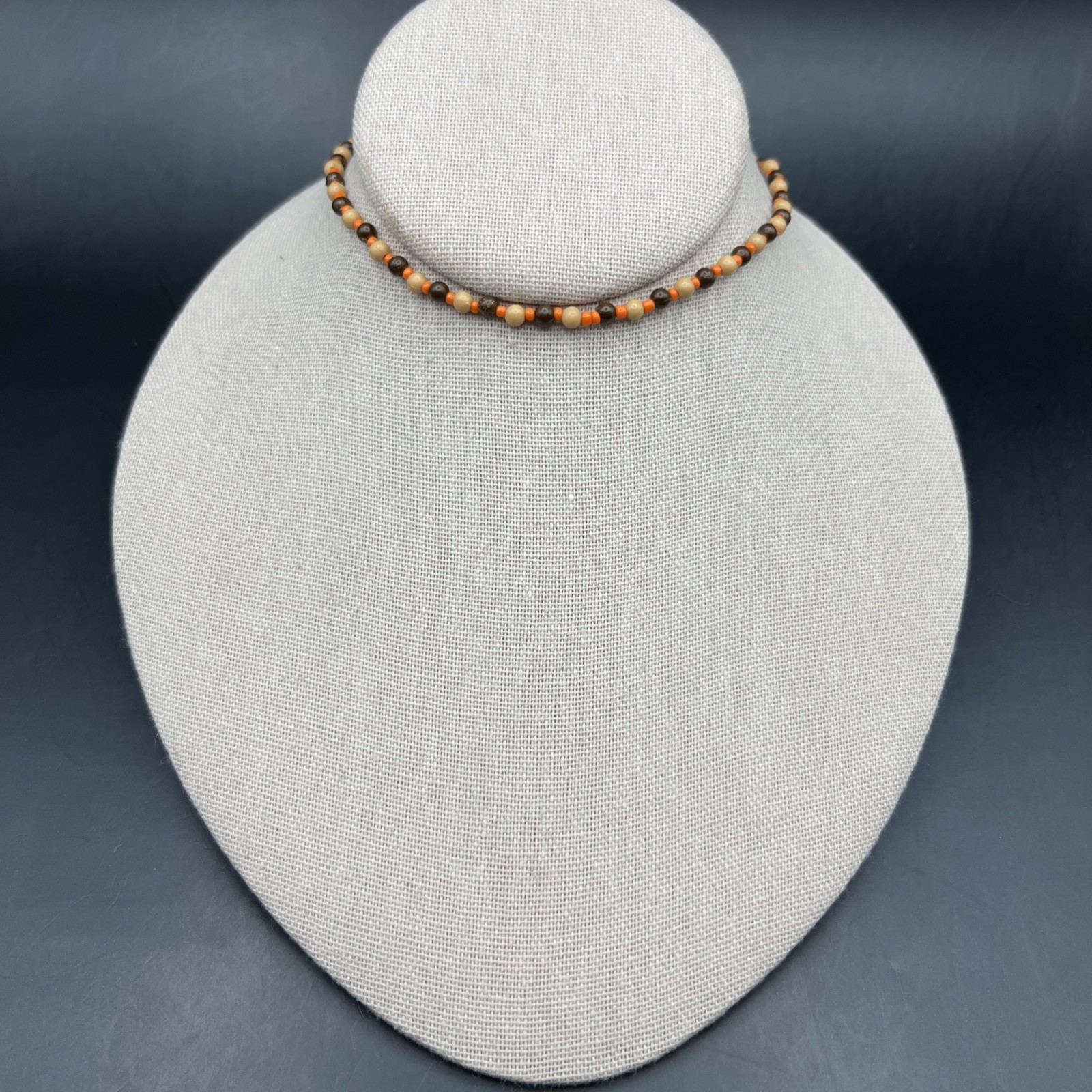 Dainty 90s Beaded Stretch Choker Collar Necklace Natural Tone Brown Orange Boho
