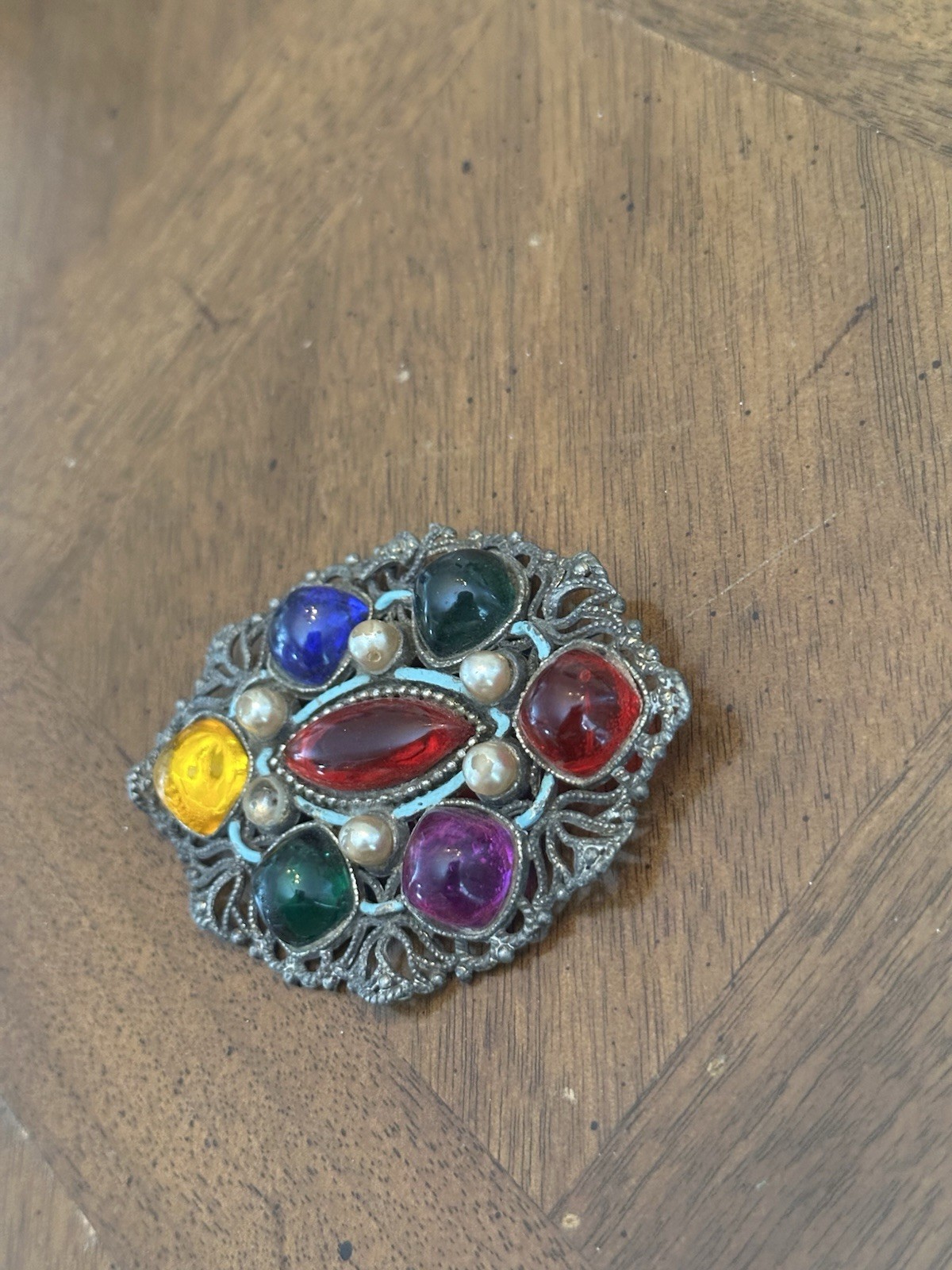 Vintage Czech? Multicolor Glass Cabochon Faux Pearl Brooch Pewter Tone Filigree!