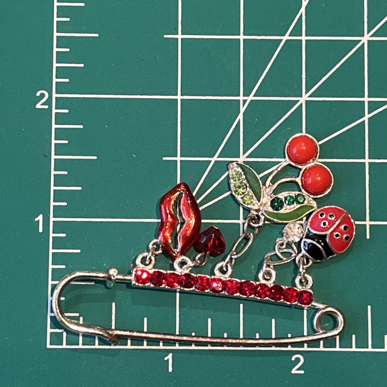 Vtg Lucky Charm Safety Pin Brooch Lips Heart Cherries Ladybug Nature Love & Luck