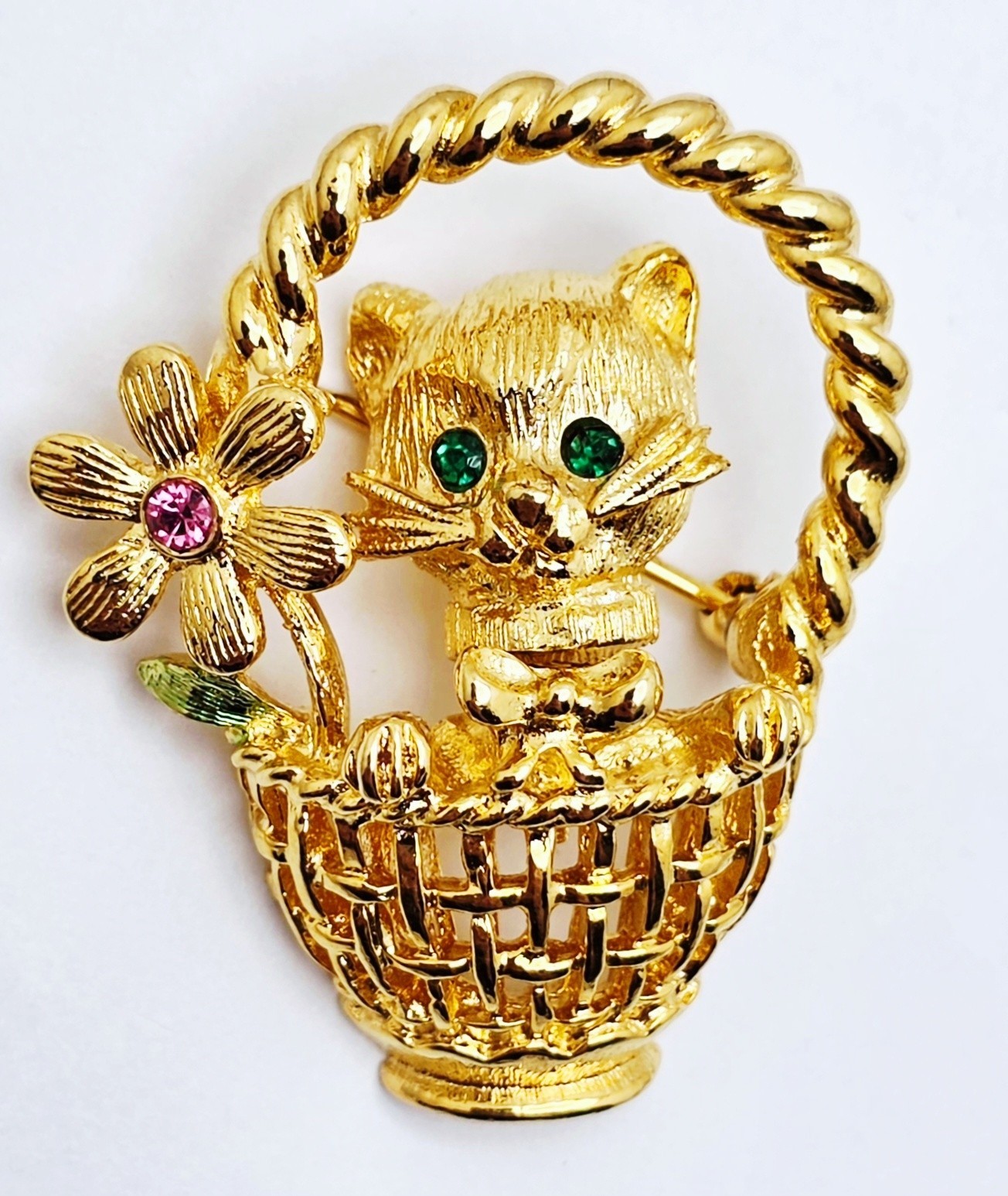 Vintage Signed Trifari Rhinestone Kitten / Cat in Flower Basket Trembler Brooch