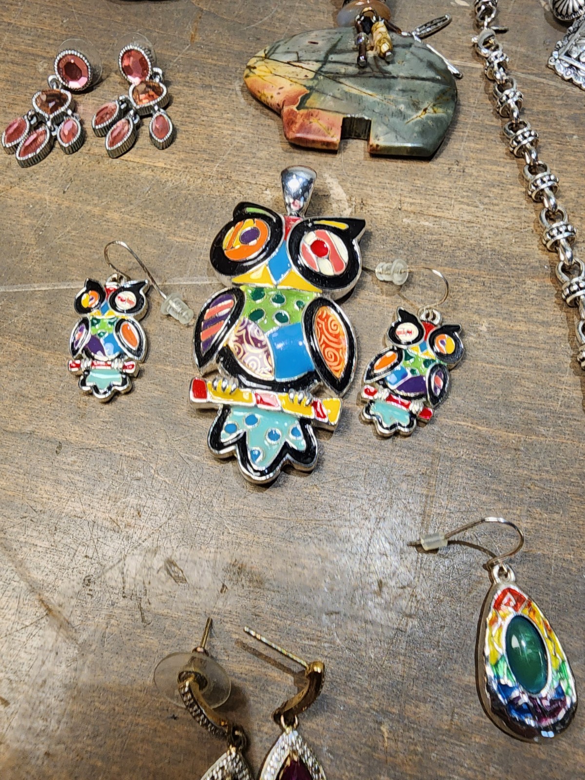 Rhinestone Bear Rainbows Owl 26 Pc Earrings, Necklaces Costume Jewelry Lot