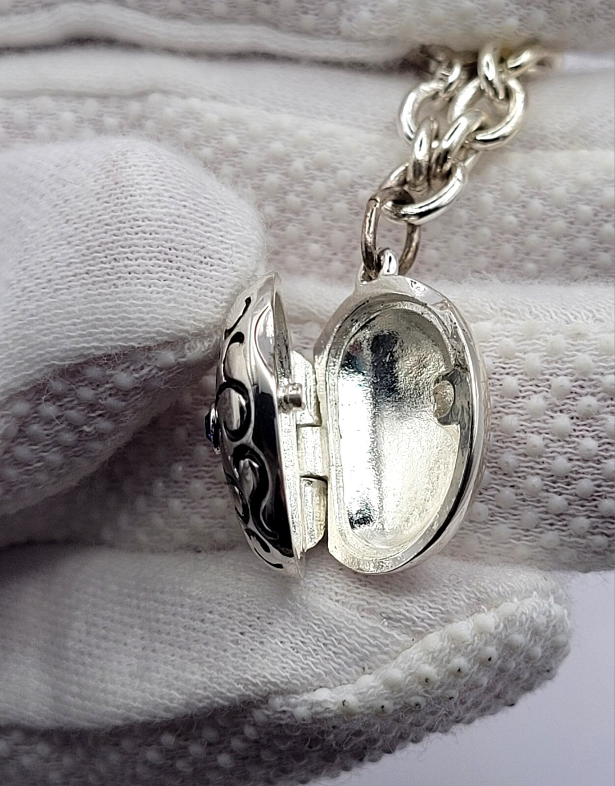 Vintage Silver Tone Chunky Chain Bracelet with Oval Enamel Locket & Blue Crystal