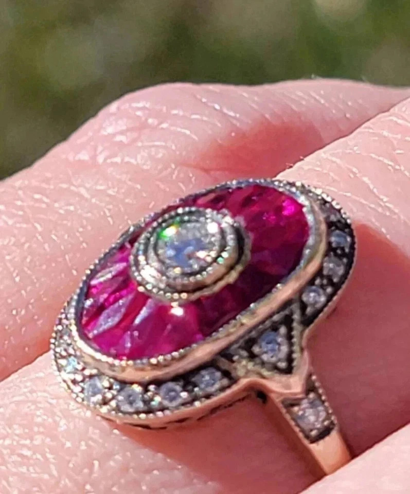 Art Deco Style Lab Created Diamond & Ruby Anniversary 14K White Gold Finish Ring