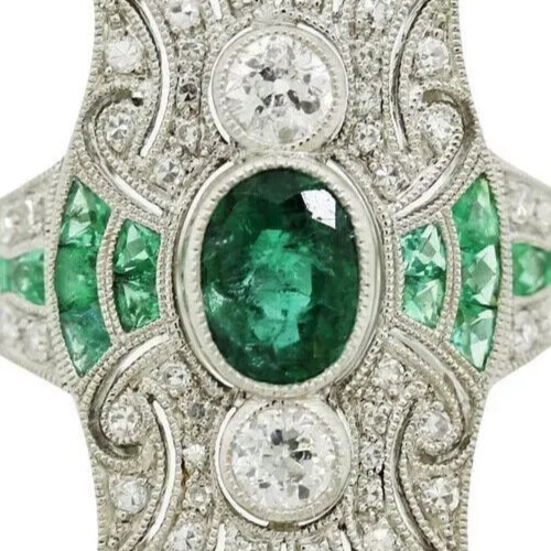 Art Deco Oval Emerald & Lab Created Diamond 14K White Gold FN Anniversary Ring