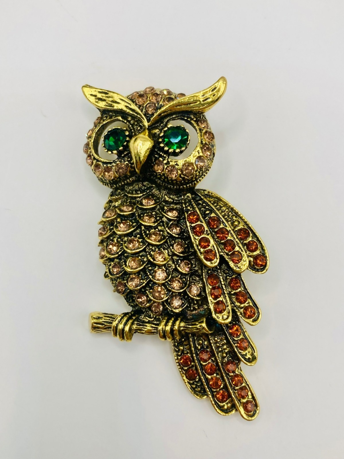 Gold-Tone Rhinestone Owl Brooch -29B