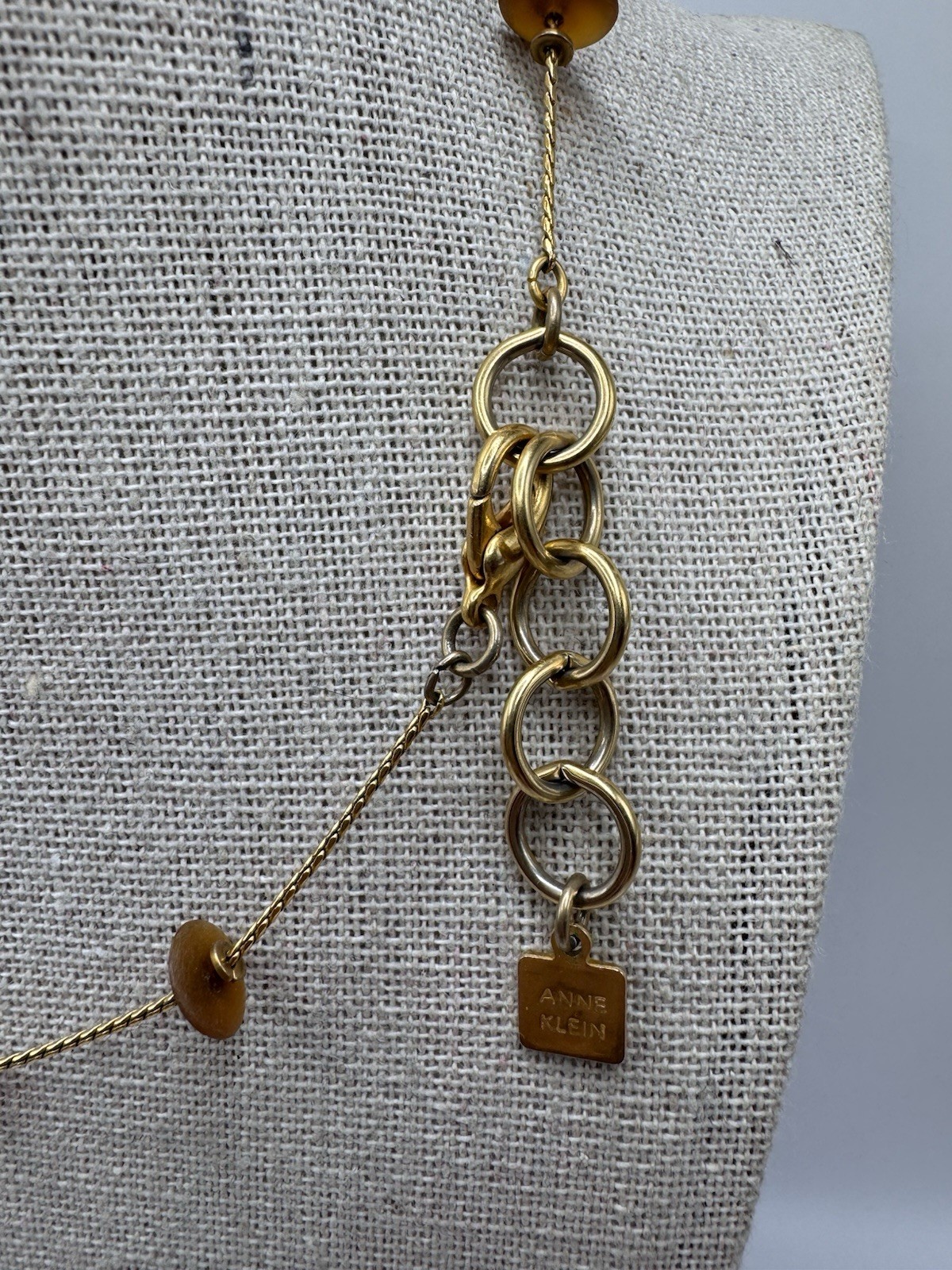 Vintage Anne Klein Matte Gold Tone Chain Brown Bead Station Necklace 17”