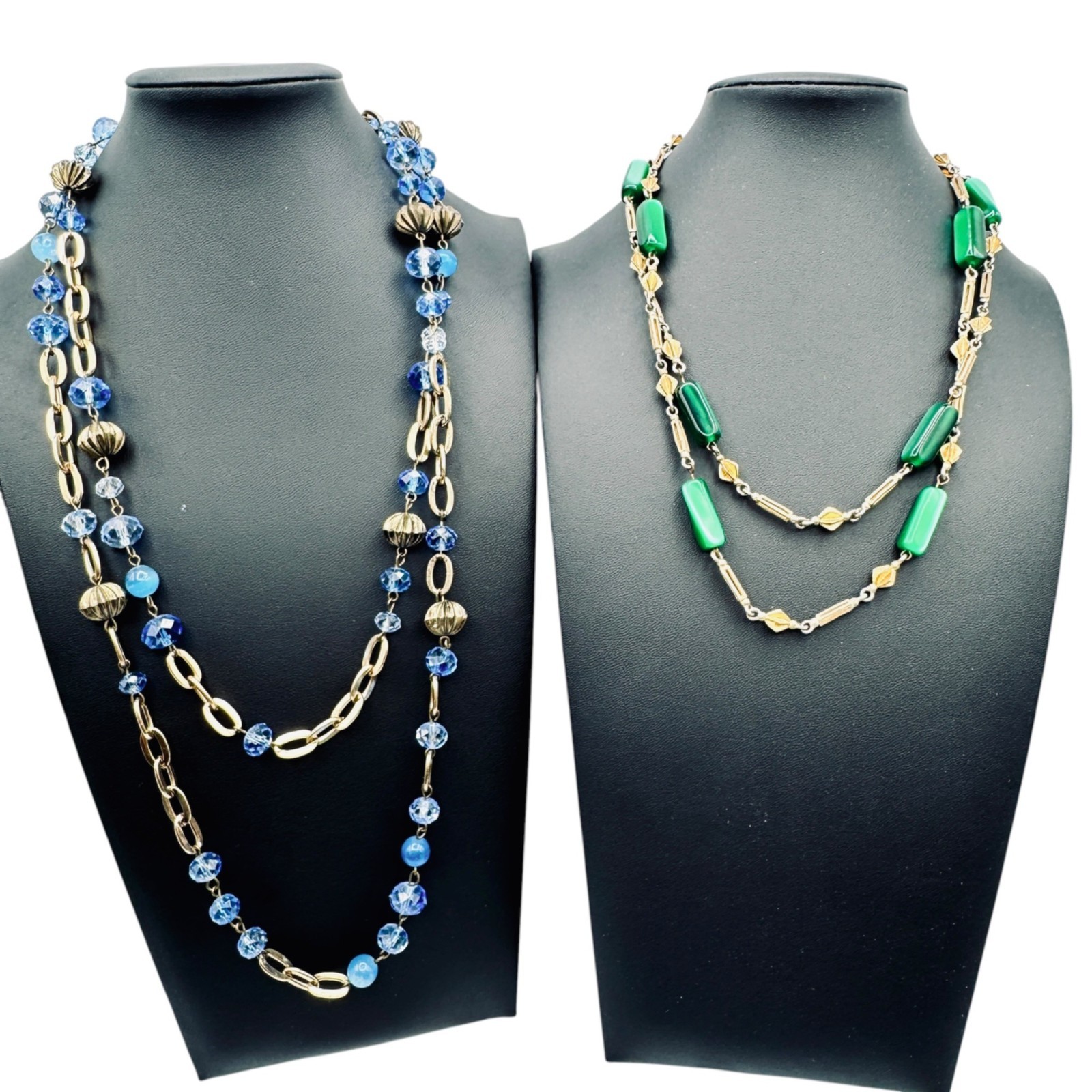 Vintage Station Bead Long Necklaces Green Blue Glass Beads Gold Tone 36″ 48″ 60s