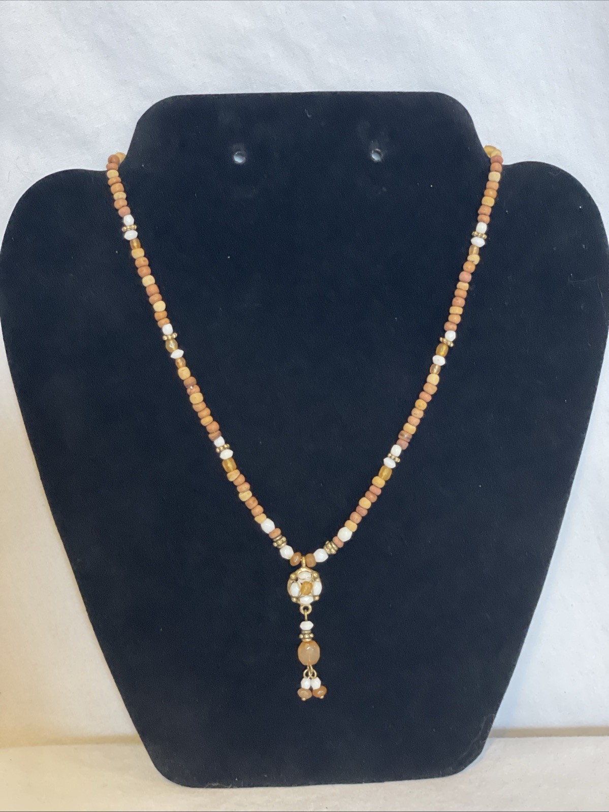 Wood Amber Resin White Beaded Lariat Choker Necklace 17 inches Hanging Pendant