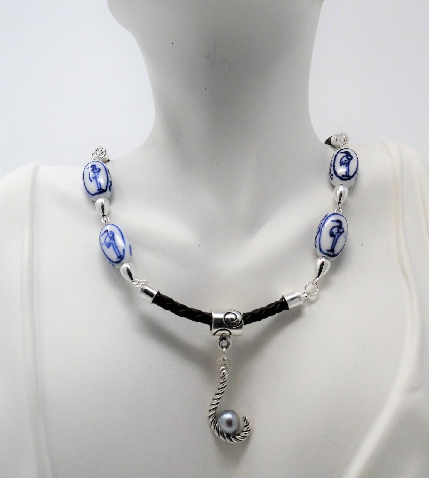 Vintage Japanese Sandpiper Porcelain Handcrafted Blue Akoya Pearl Necklace OOAK