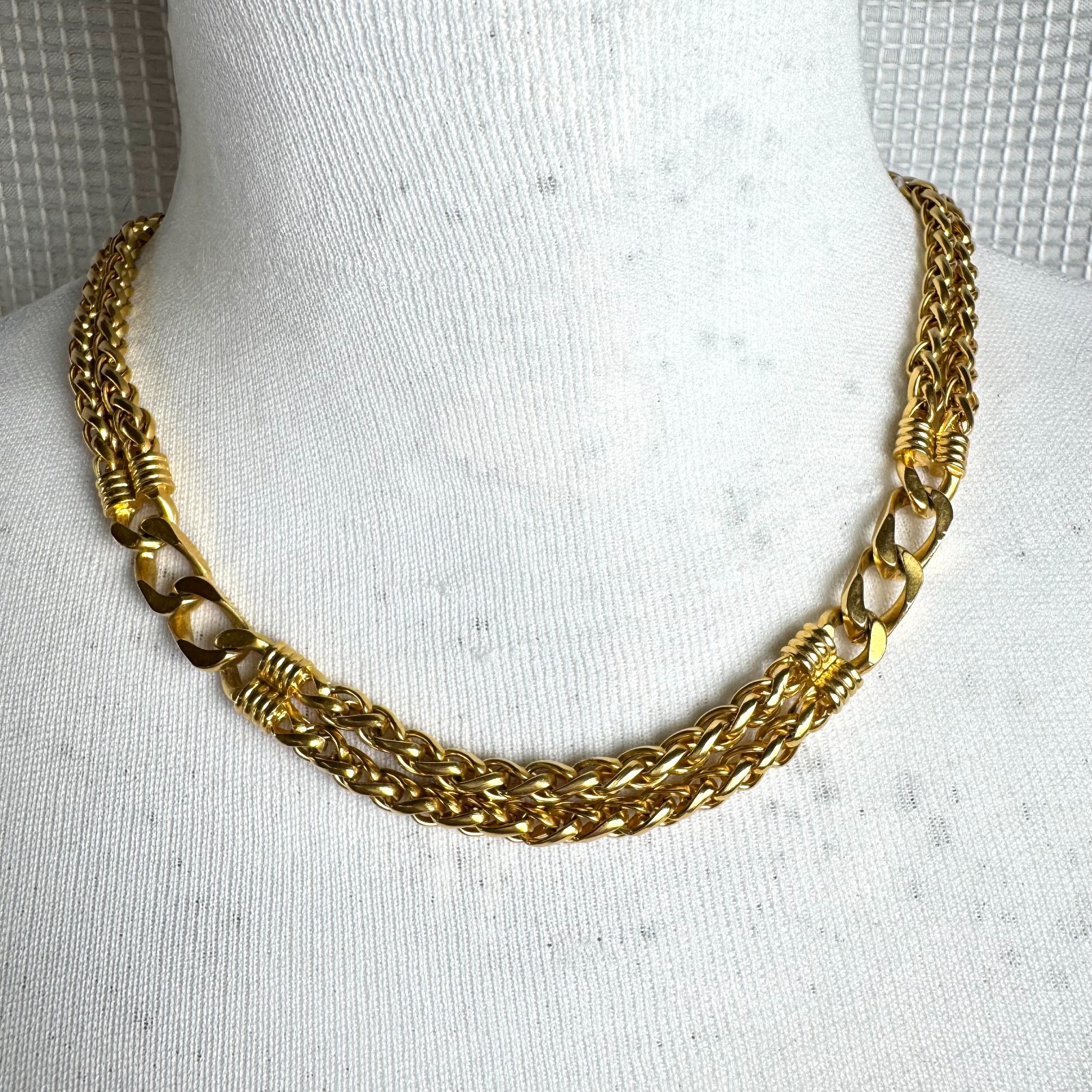 Vintage Givenchy Gold Tone Necklace Multi Strand Curb & Foxtail Chain Signed