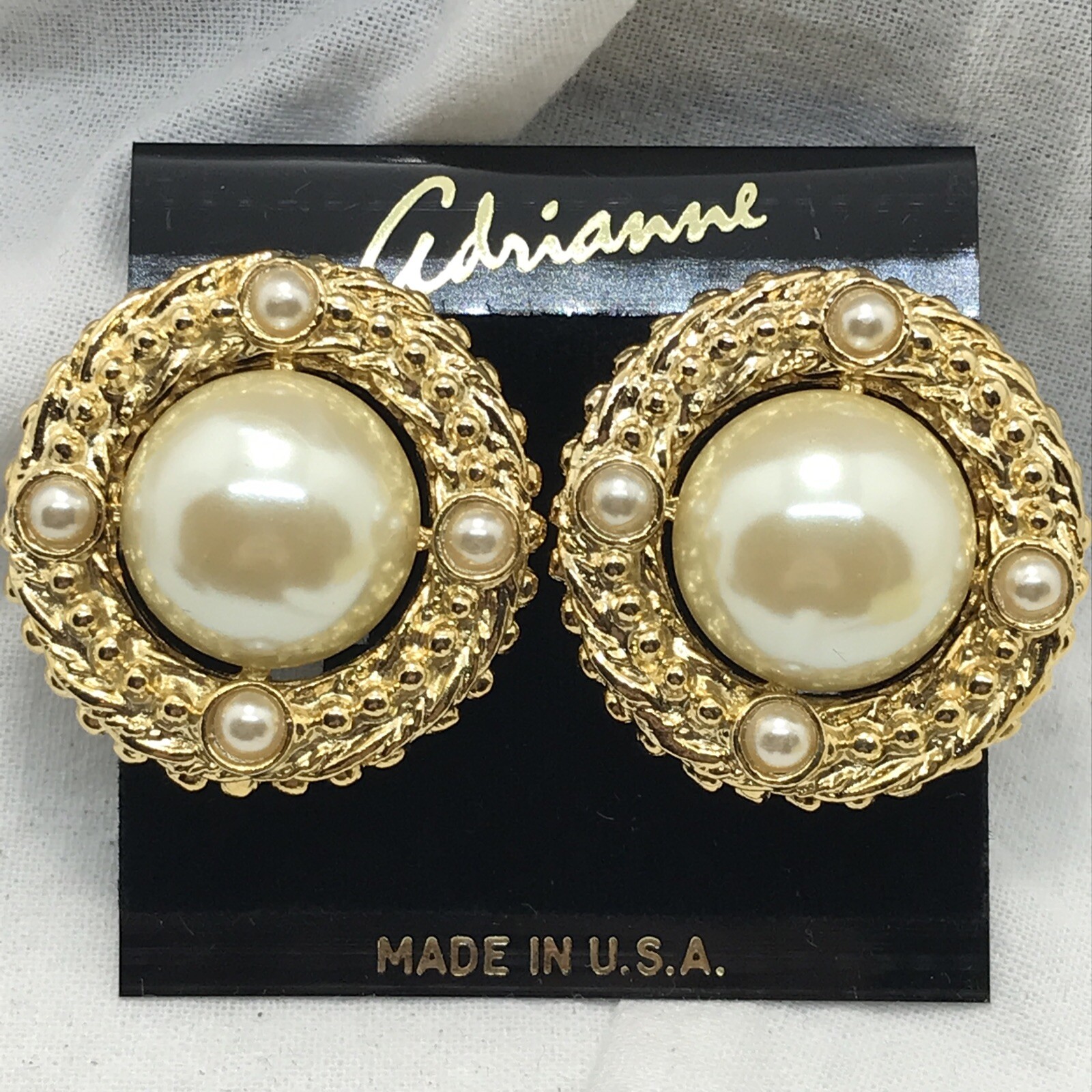 Vintage Adrianne Gold Tone Large Textured Edge Faux Pearl Clip-on Earrings