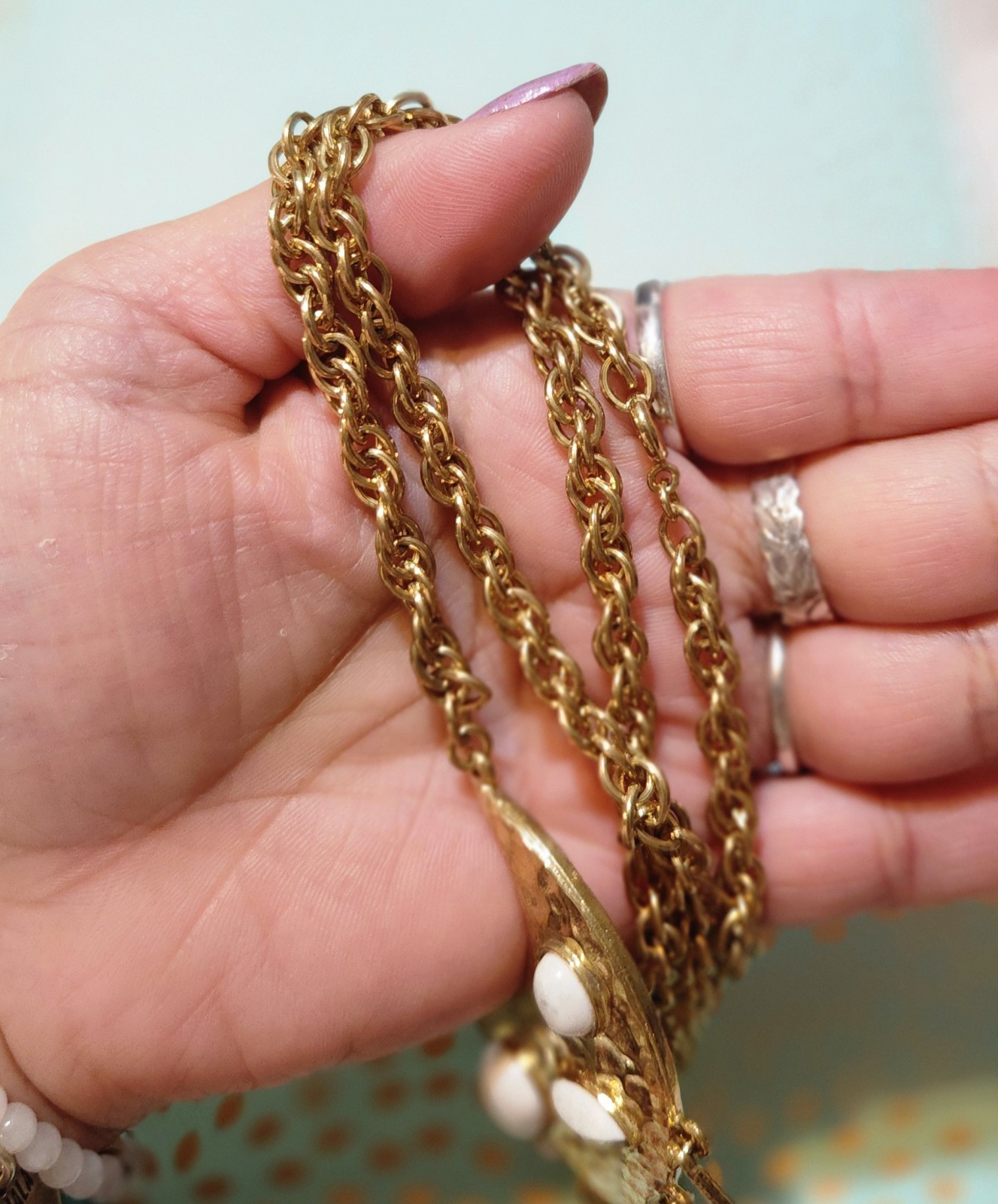 Vintage gold-toned necklace Crescent moon pendant with a hammered finish.