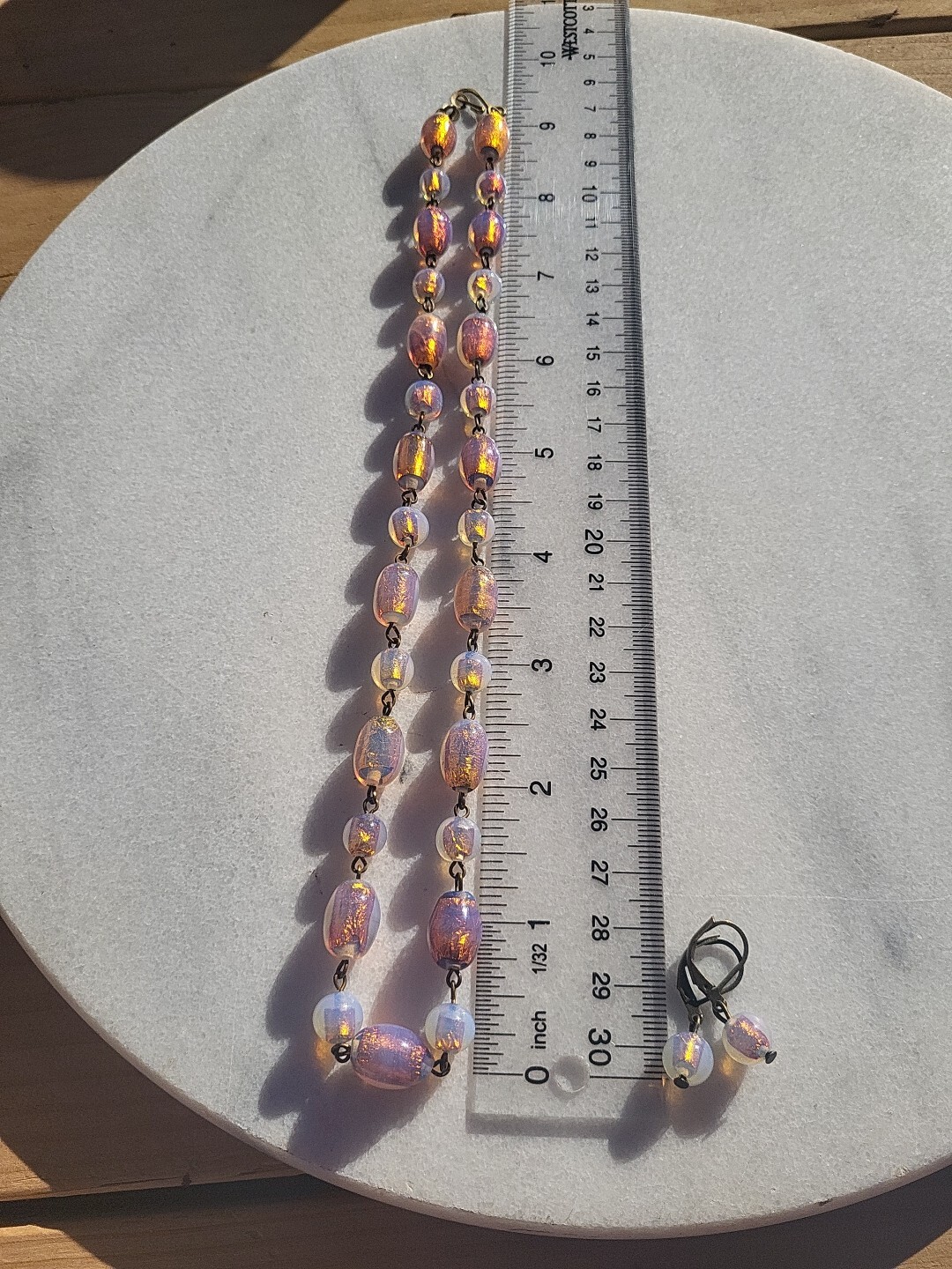 RARE ANTIQUE FIREY OPAL GOLD FOIL MILKY LILAC PINK GLASS BEAD WIRE NECKLACE SET