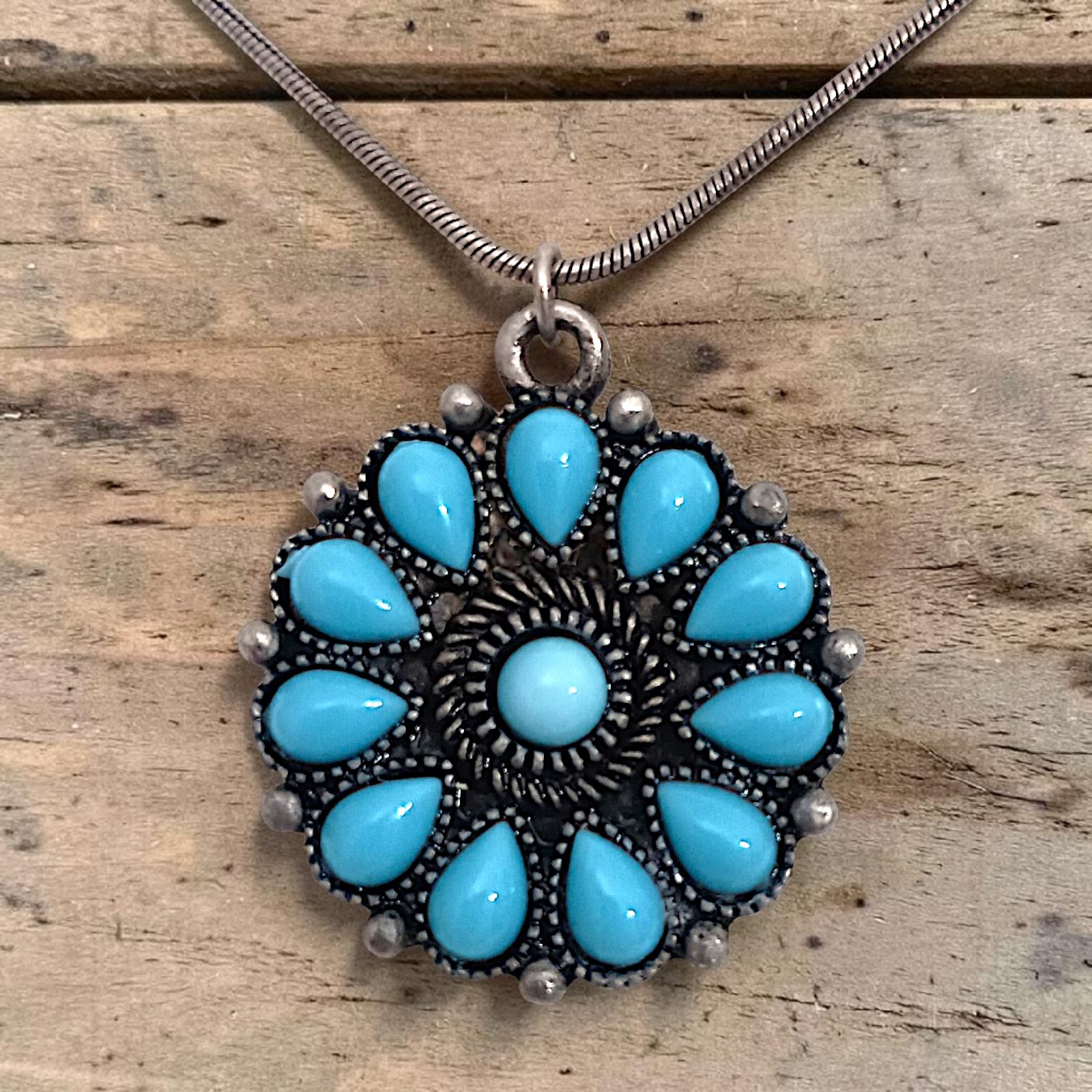 Robert Rose Pendant Faux Turquoise Necklace Antique Silver Tone Southwestern
