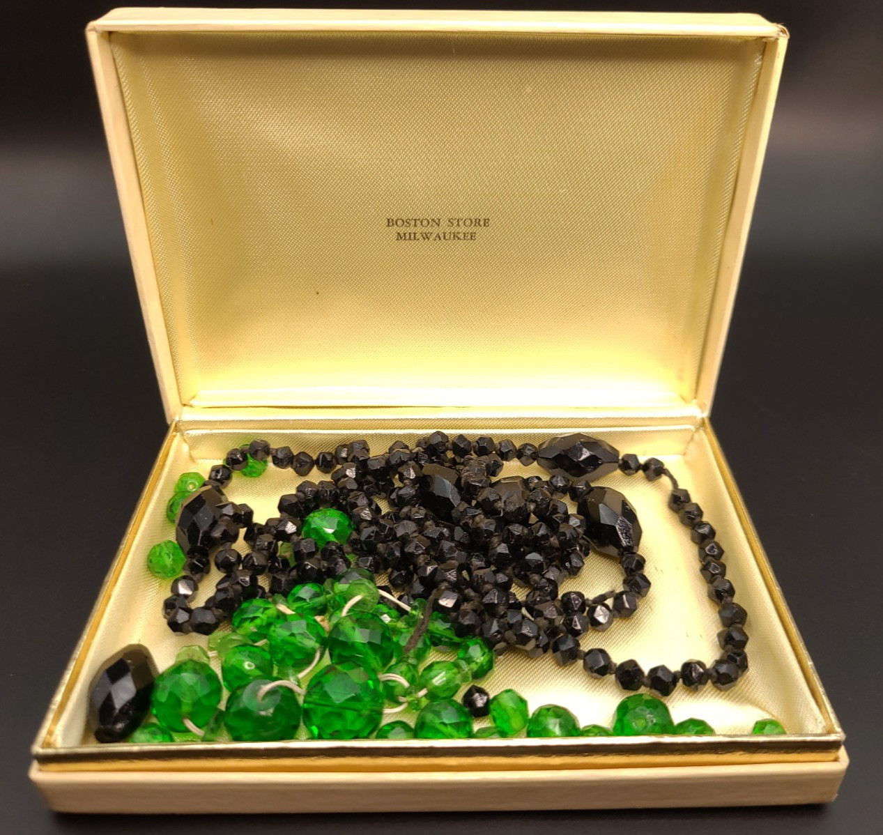 Antique Czech Glass Beads Lot Green Black Hand Cut Faceted w/ Box