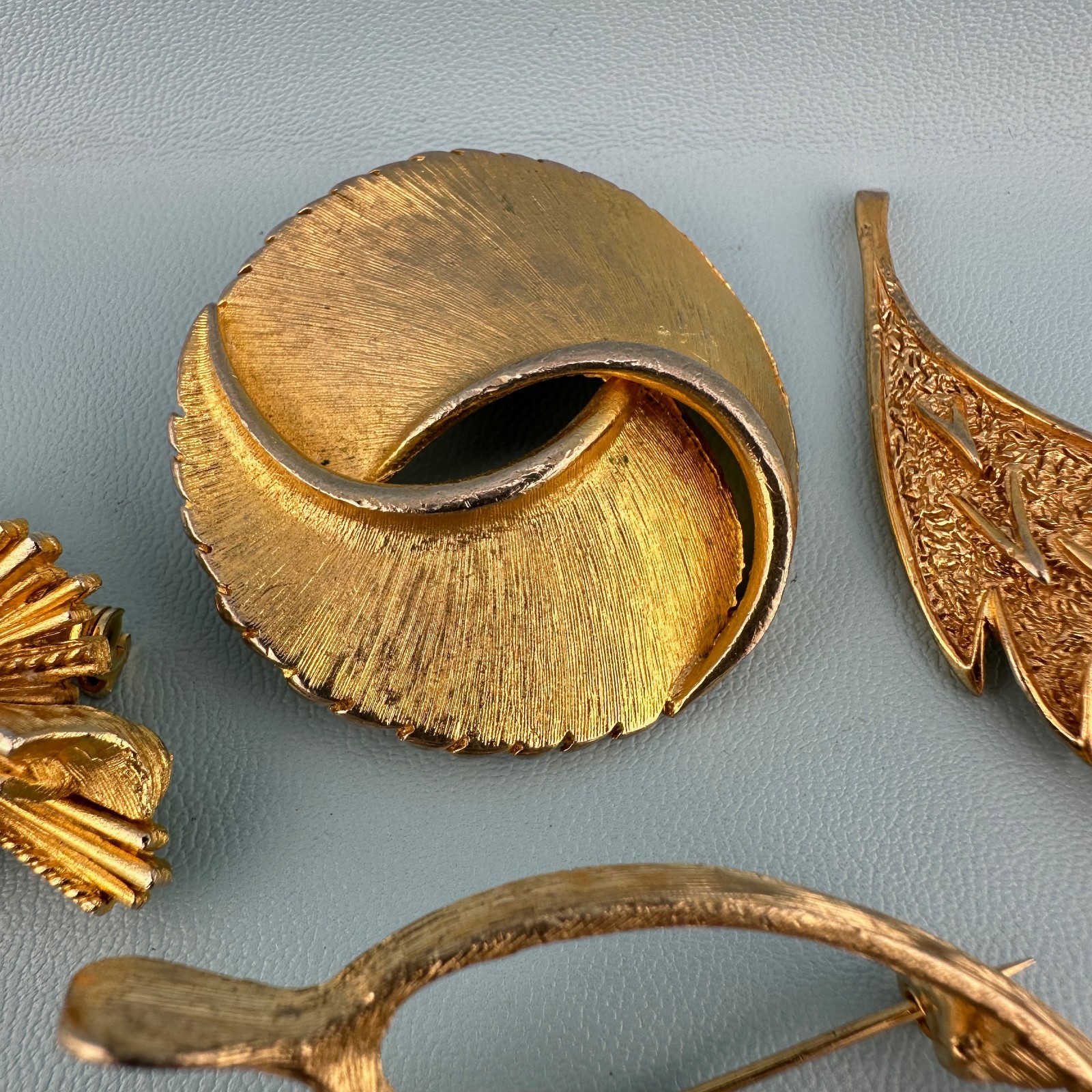 Vintage Designer Brooch Lot Gold Tone Textured Brushed Leaf Wishbone Signed