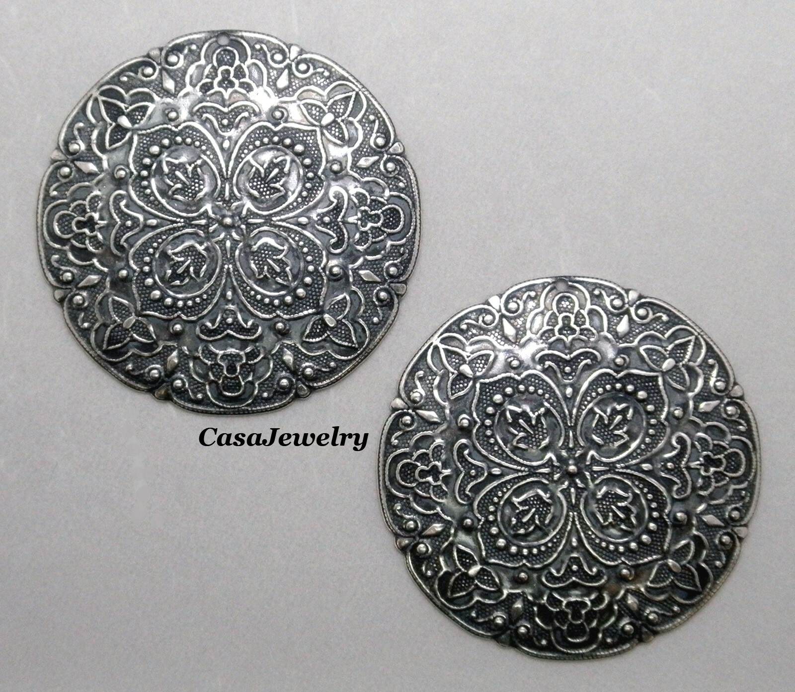 #3020 LARGE ANTIQUED STERLING SILVER PLATED FILIGREE W/TOP HANG HOLE – 2 Pc Lot